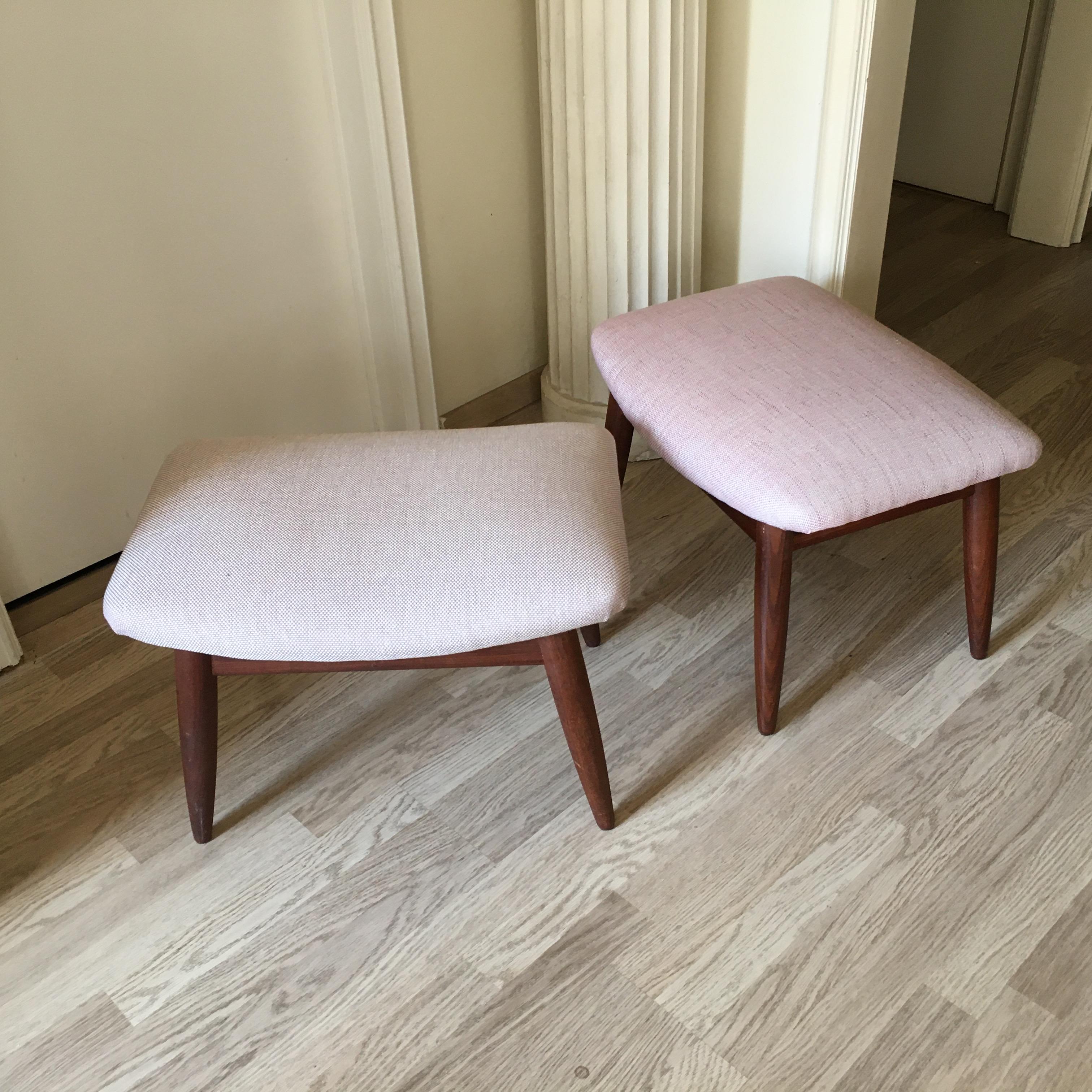 Fabric Pair of Teak Danish Stools Fully Restored by Poul Volter, Denmark, 1960