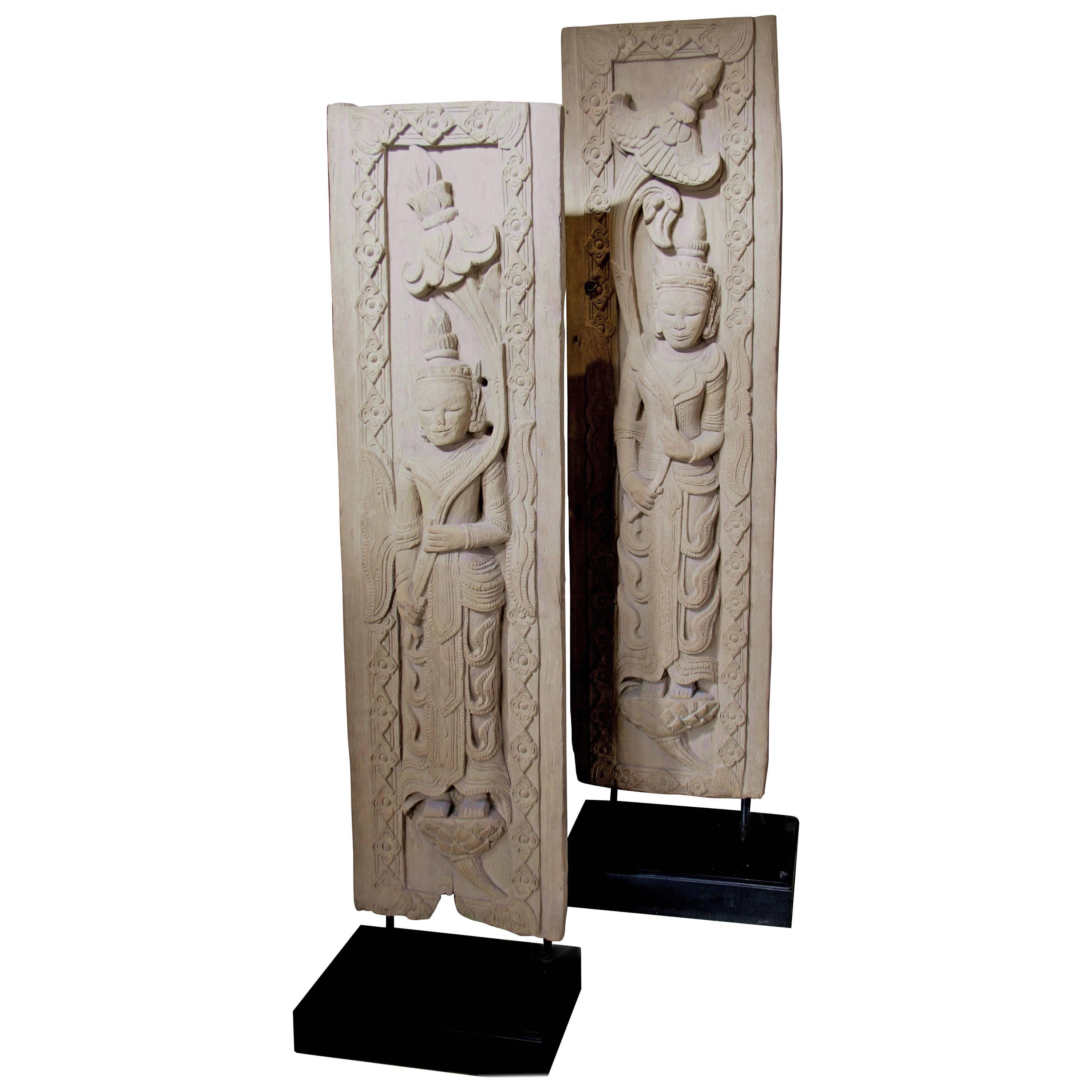 Pair of Teak Door Panels Thailand 19th Century Custom Stands For Sale