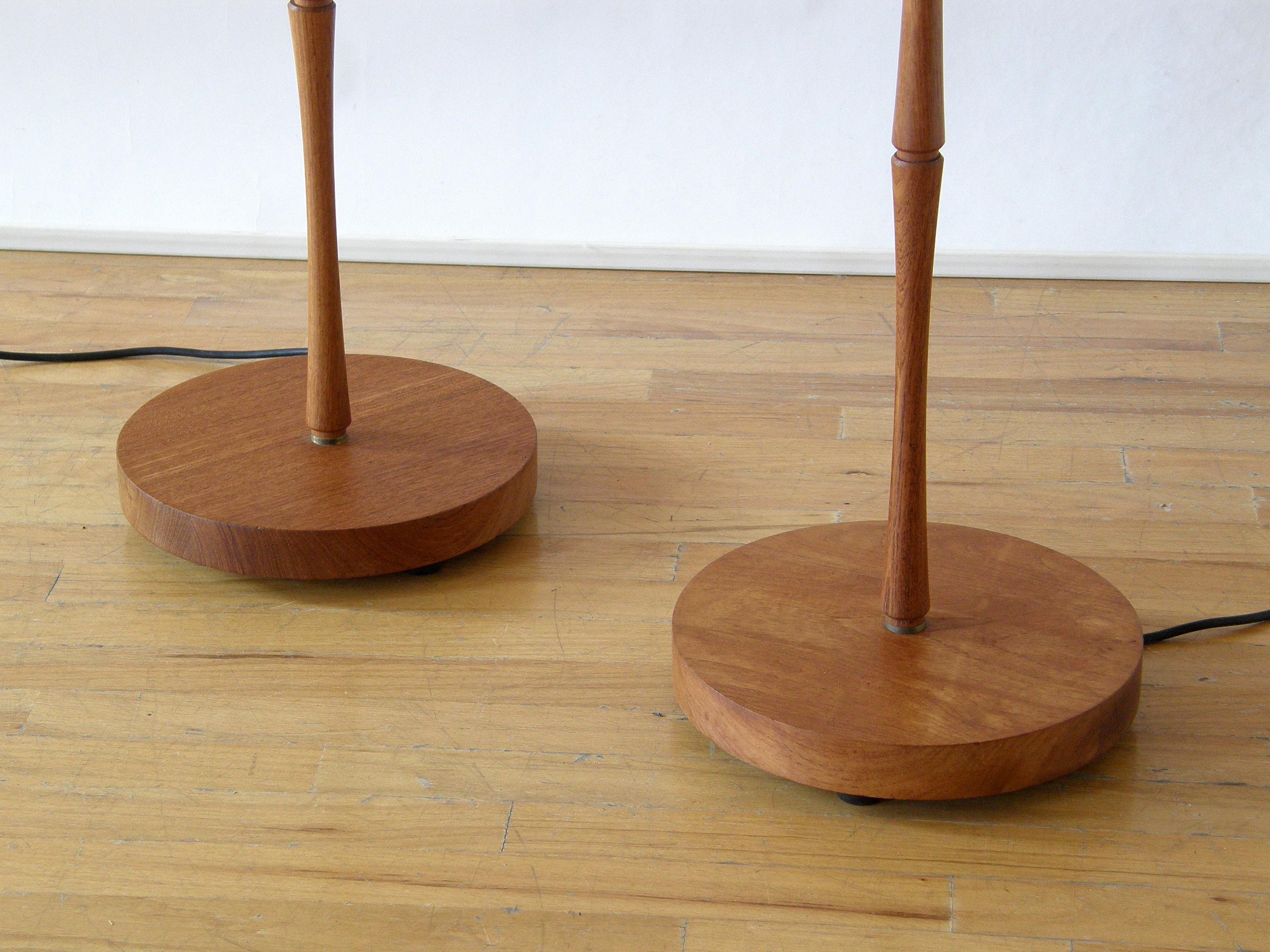 Turned Pair of Teak Floor Lamps with Stylized Modernist Faux Bamboo Design