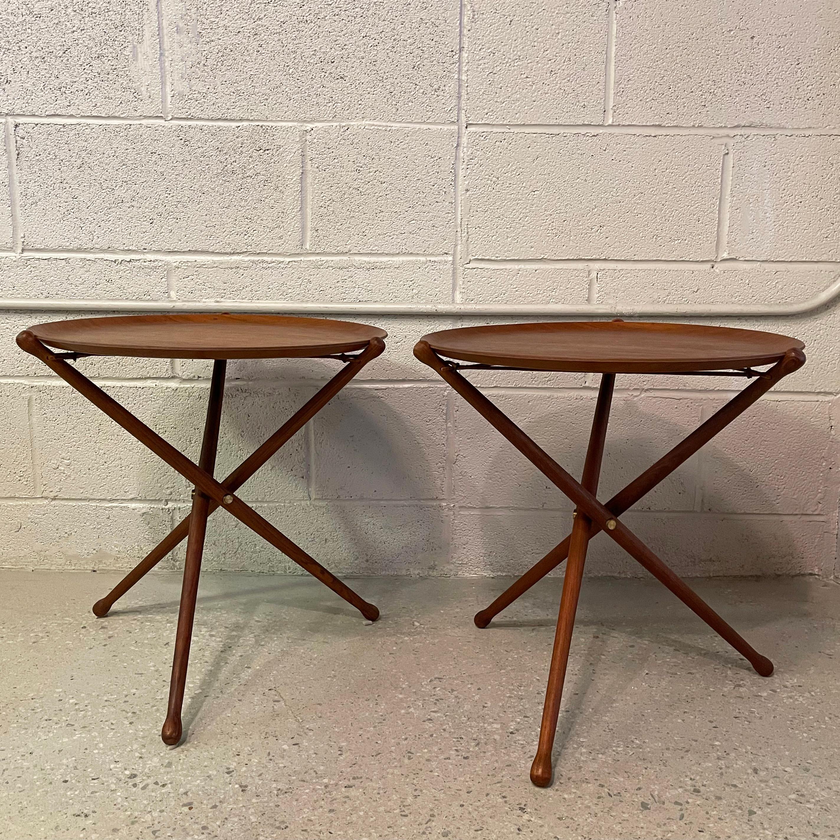 Leather Pair Of Teak Folding Tray Tables By Nils Trautner For Ary Nybro, Sweden For Sale