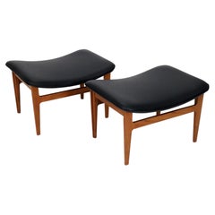 Footstools by Finn Juhl for France & Søn in Teak and New Black Faux Leather