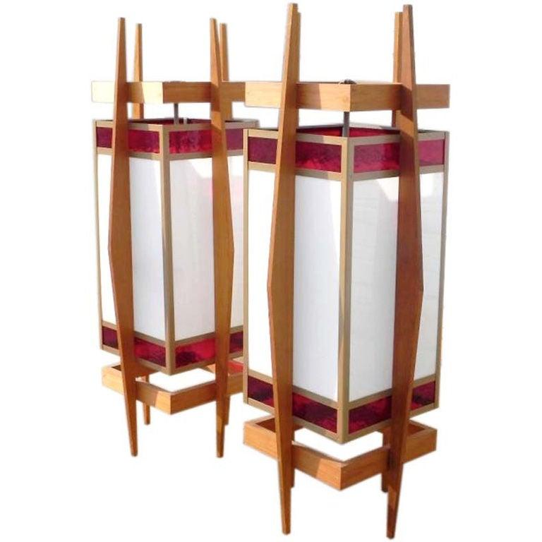 Mid-20th Century Pair of Architectural Teak and Stained Glass Lanterns