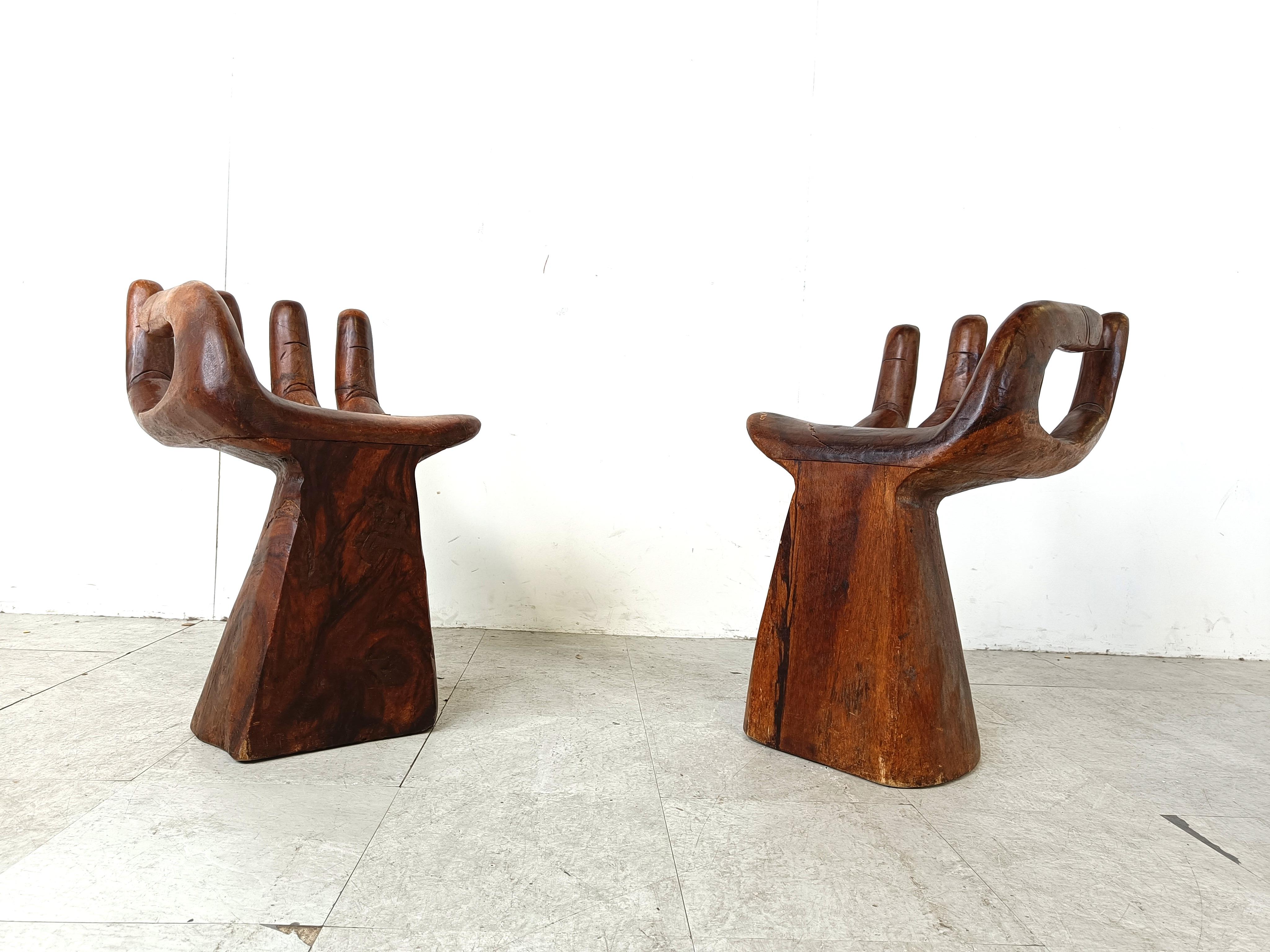 Pair of teak hand shaped chairs, 1970s In Excellent Condition For Sale In HEVERLEE, BE