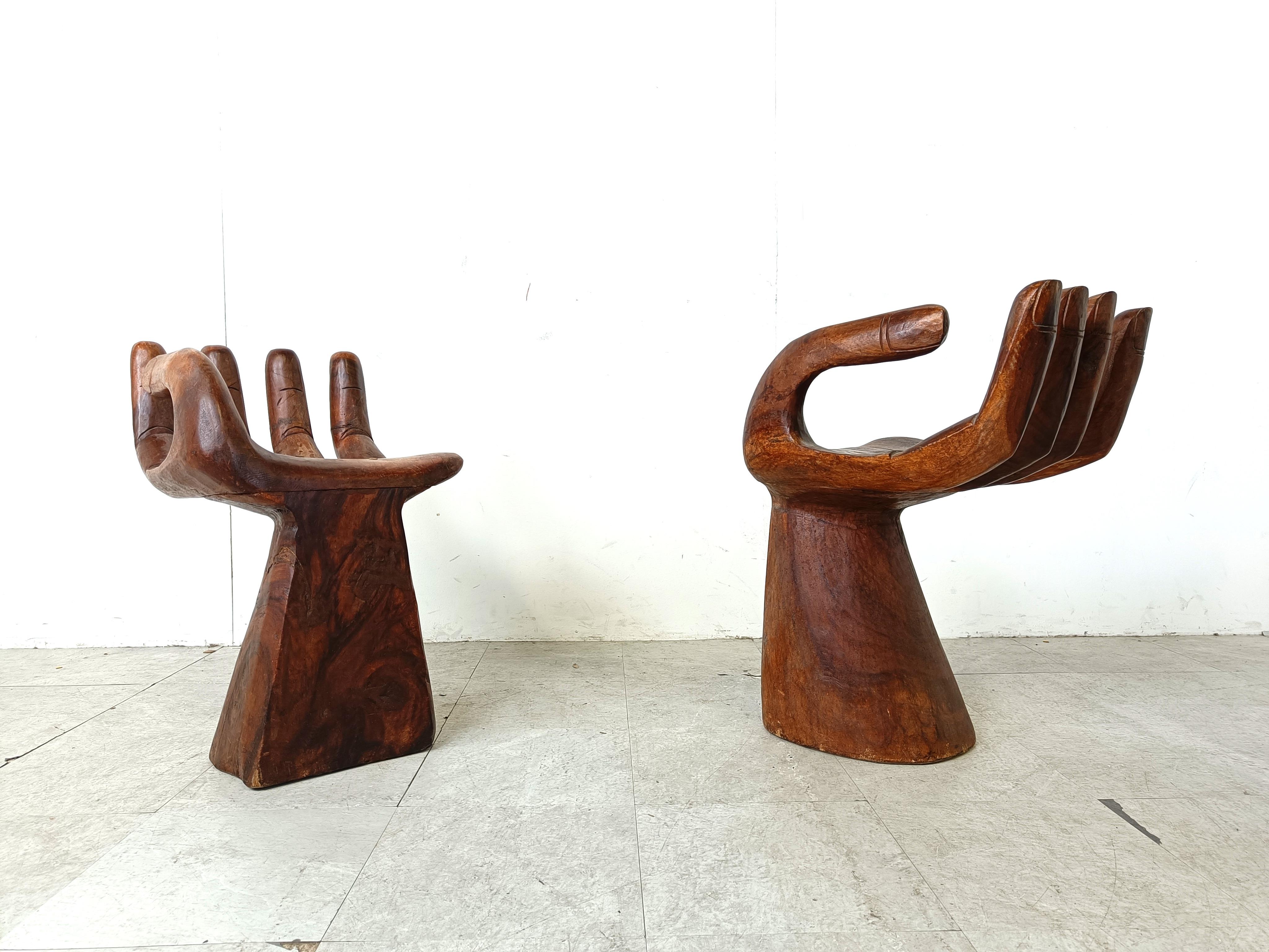 Late 20th Century Pair of teak hand shaped chairs, 1970s For Sale