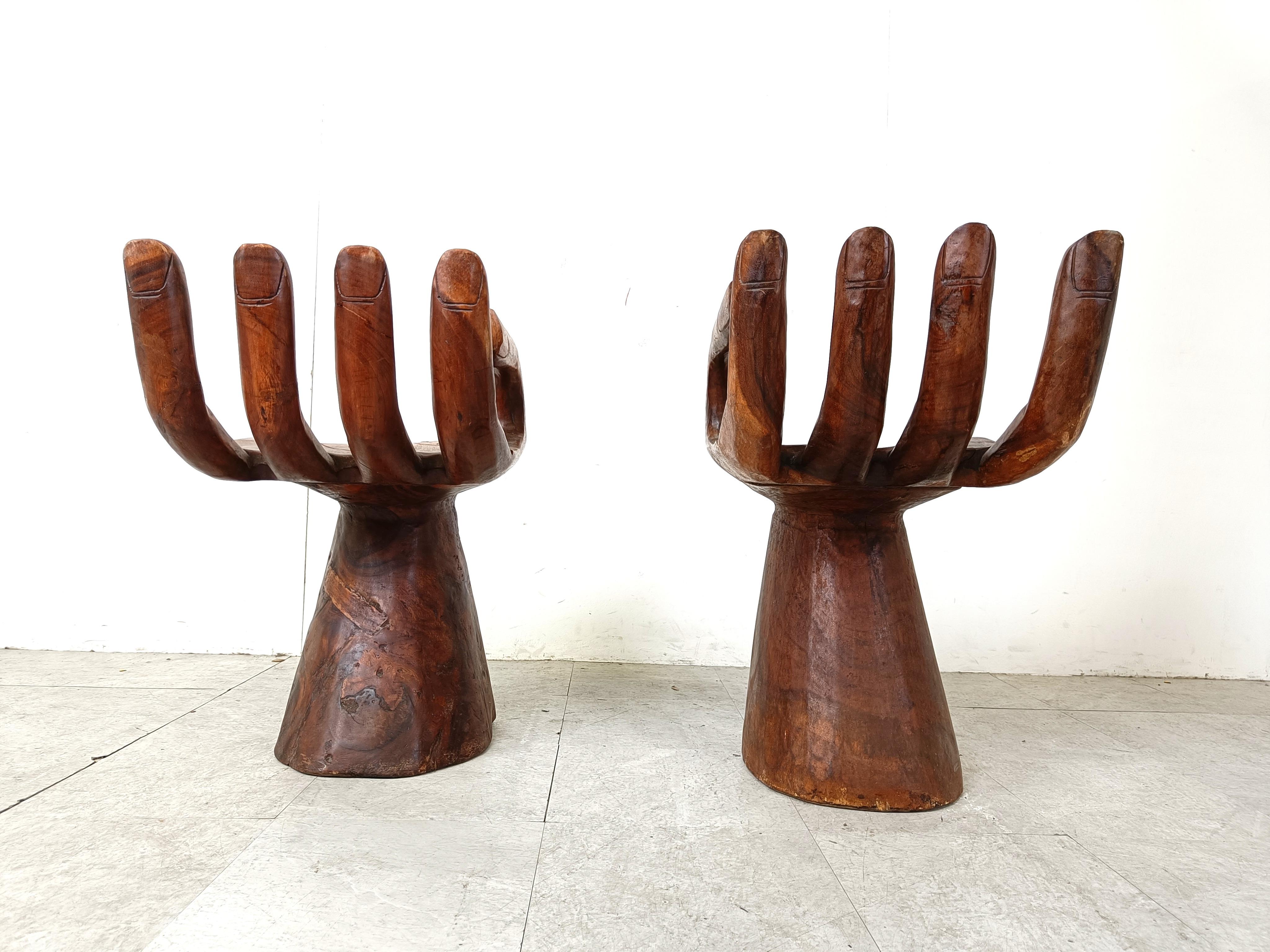 Pair of teak hand shaped chairs, 1970s For Sale 2