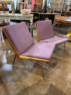 Pair of Teak MCM Boomerang Chairs with Lavender Cushions