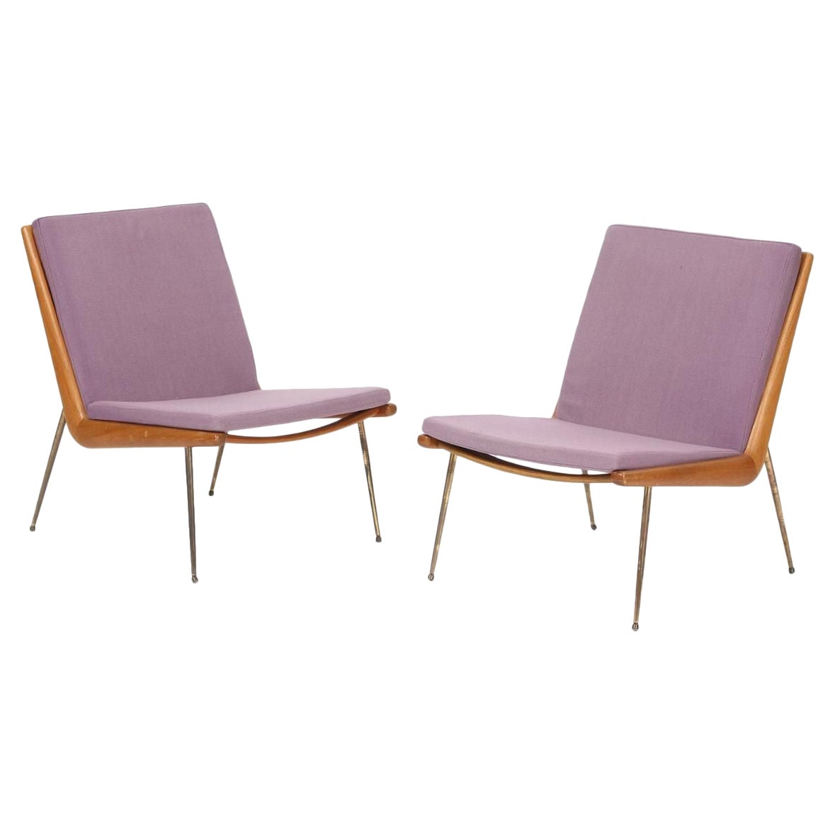 Pair of Teak MCM Boomerang Chairs with Lavender Cushions For Sale