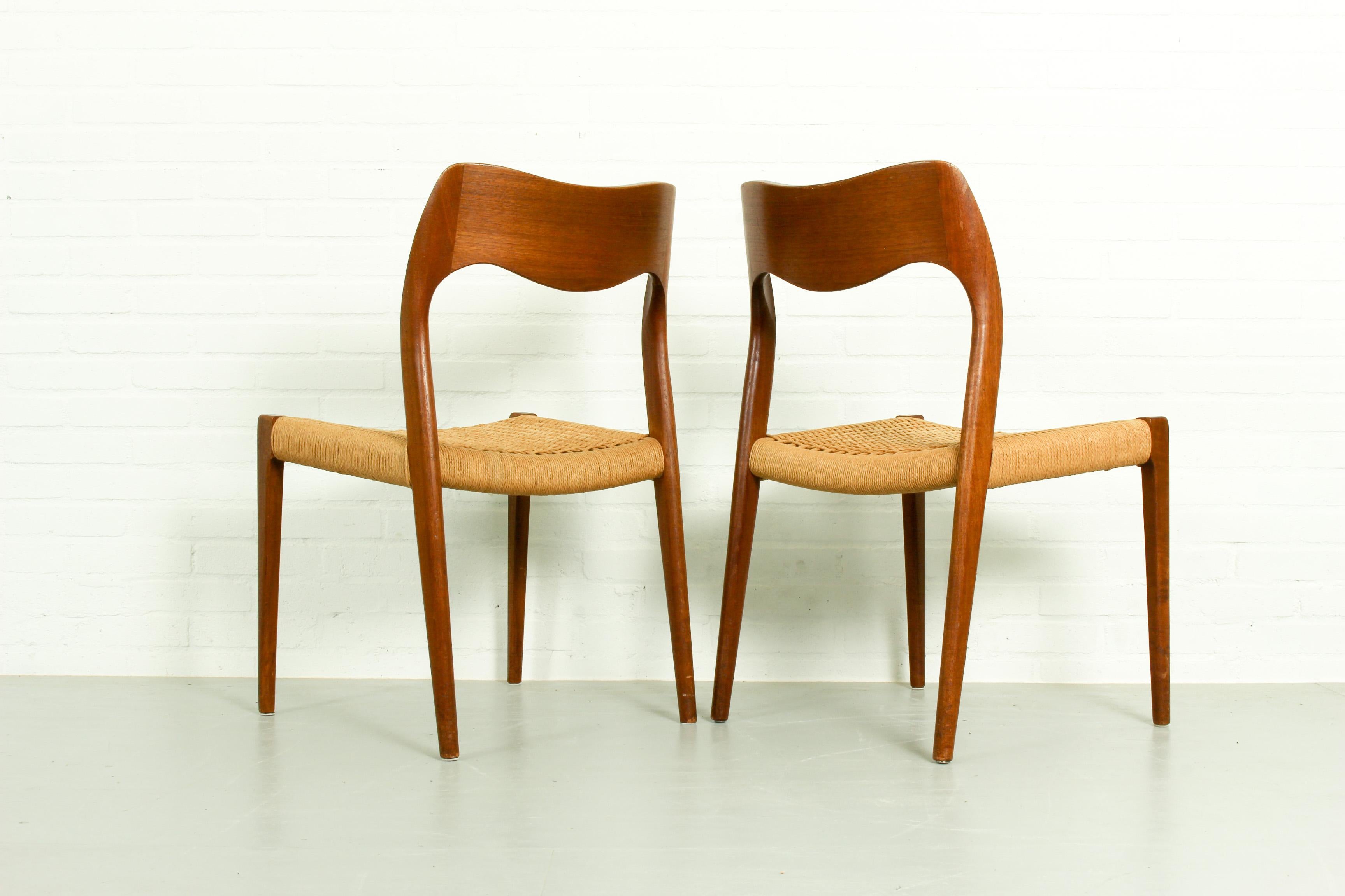 Papercord Pair of Teak Model 71 Dining Chairs by Niels Otto Møller for J.L. Møllers, 1950s