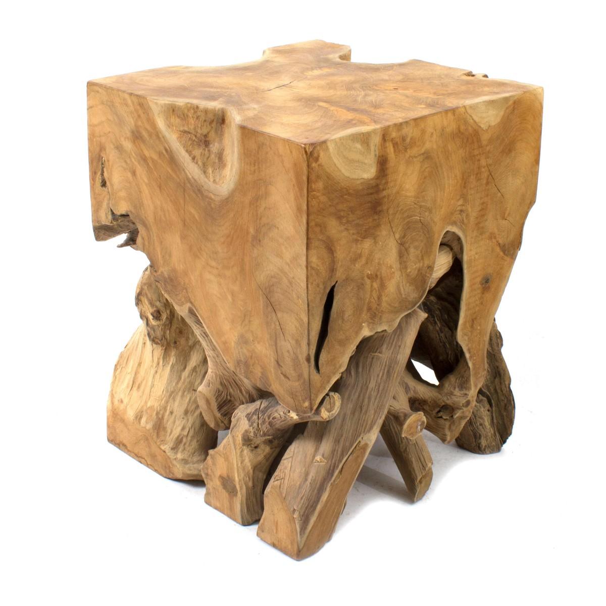 Pair of reclaimed teak root cube end tables. Imported. 

Dimensions: 15.5 inches W x 15.5 inches D x 20 inches H.