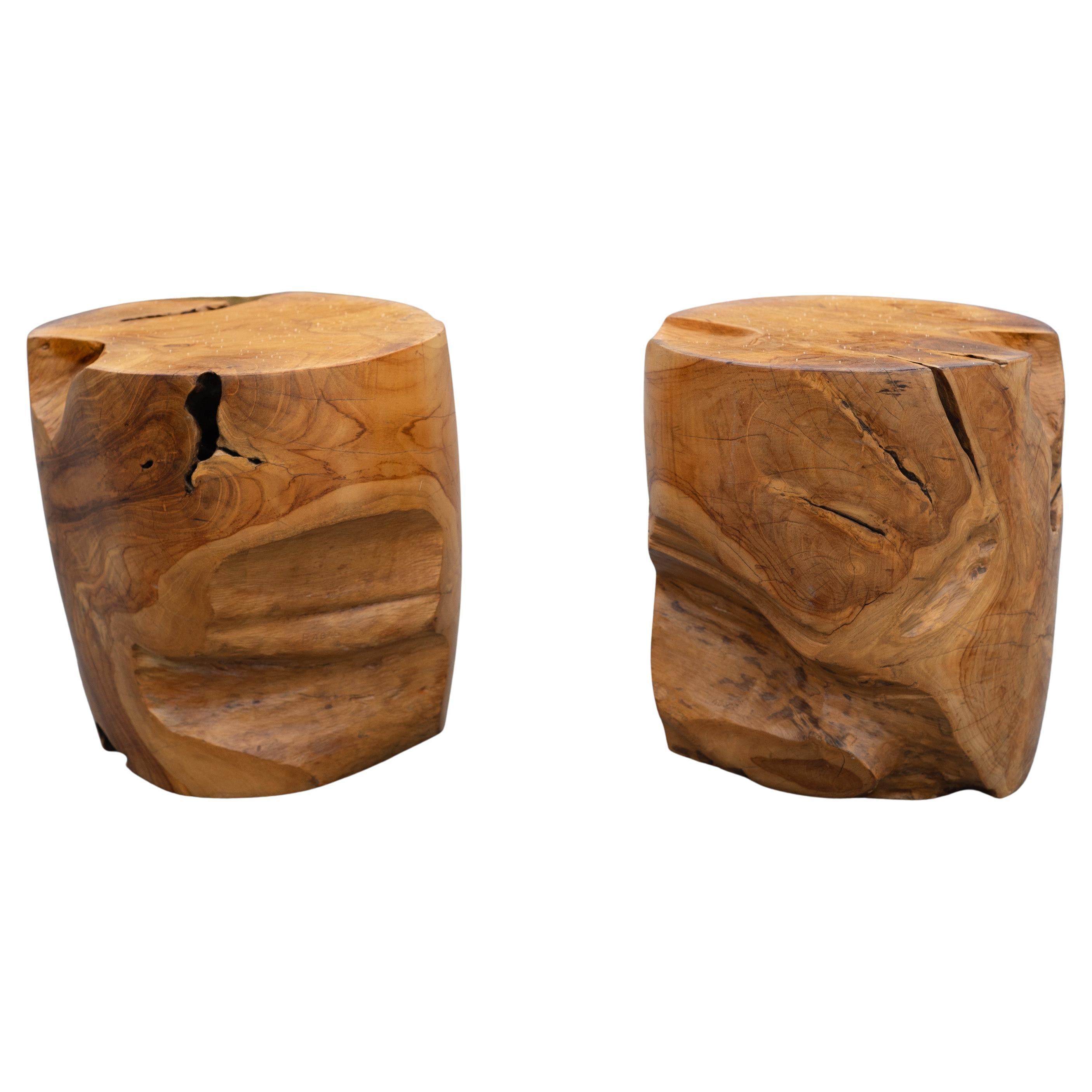 Pair Light Brown, Chunky Teak Root Side Tables or Stools, Organic Design, 1980s