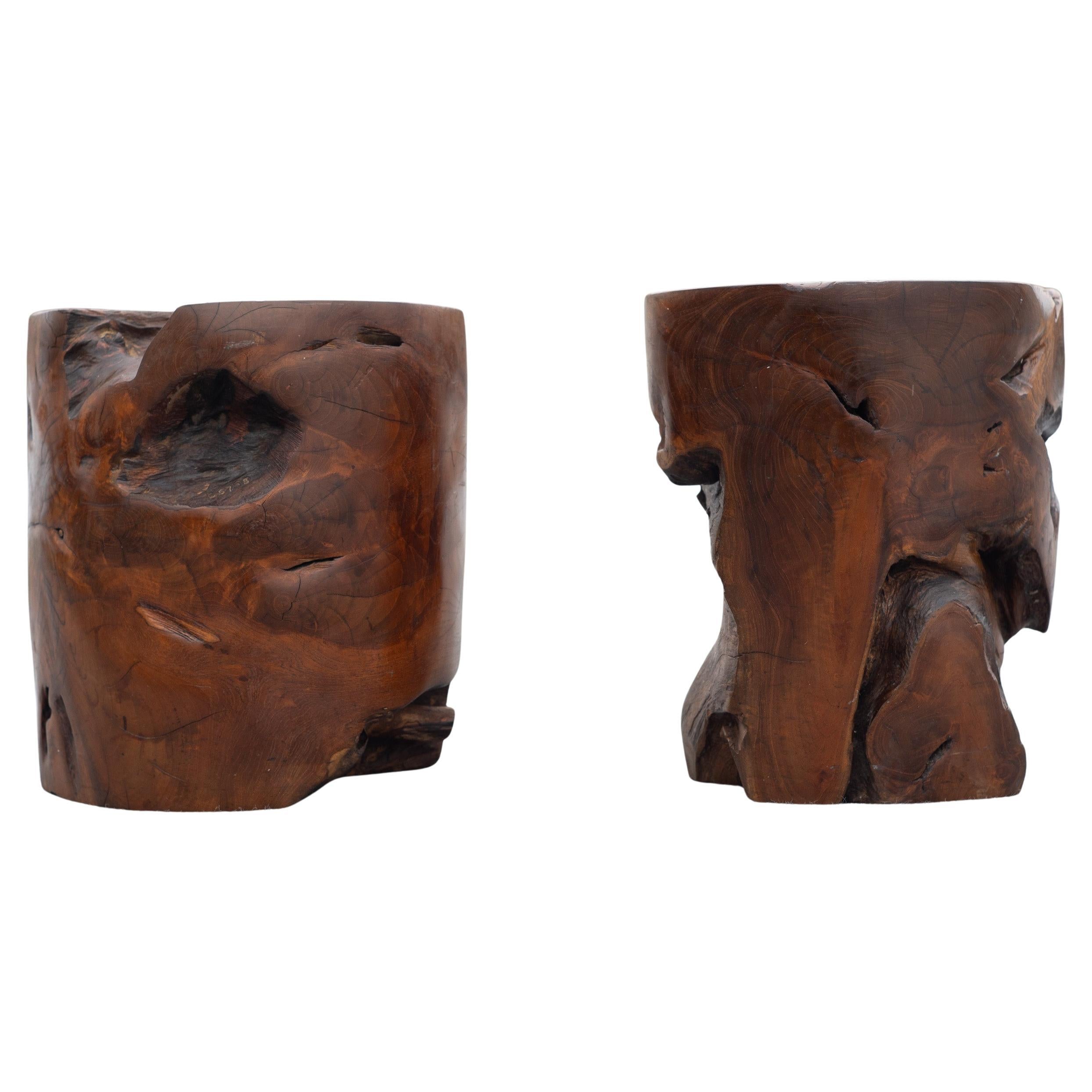 Pair Medium Brown, Chunky Teak Root Side Tables or Stools, Organic Design, 1980s en venta