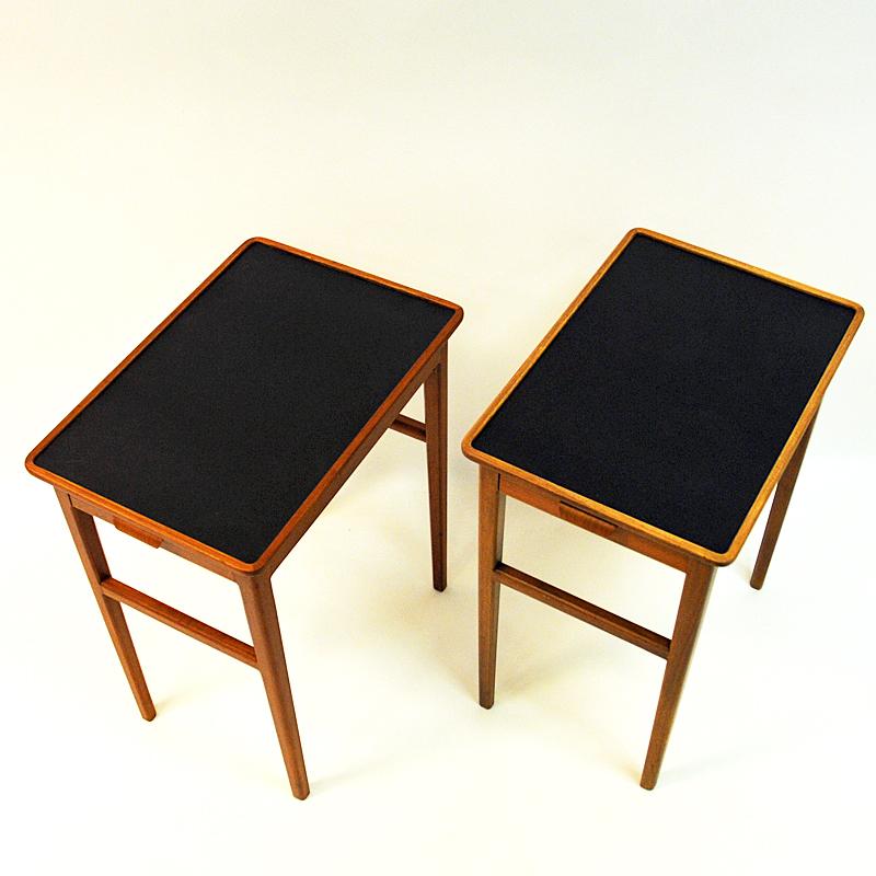 Scandinavian Modern Pair of  Side Tables with Leather Tops by Bodafors, Sweden, 1950s