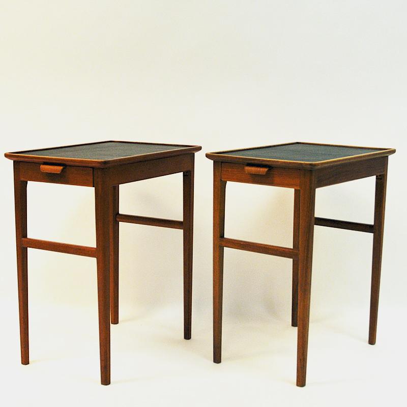 Swedish Pair of  Side Tables with Leather Tops by Bodafors, Sweden, 1950s