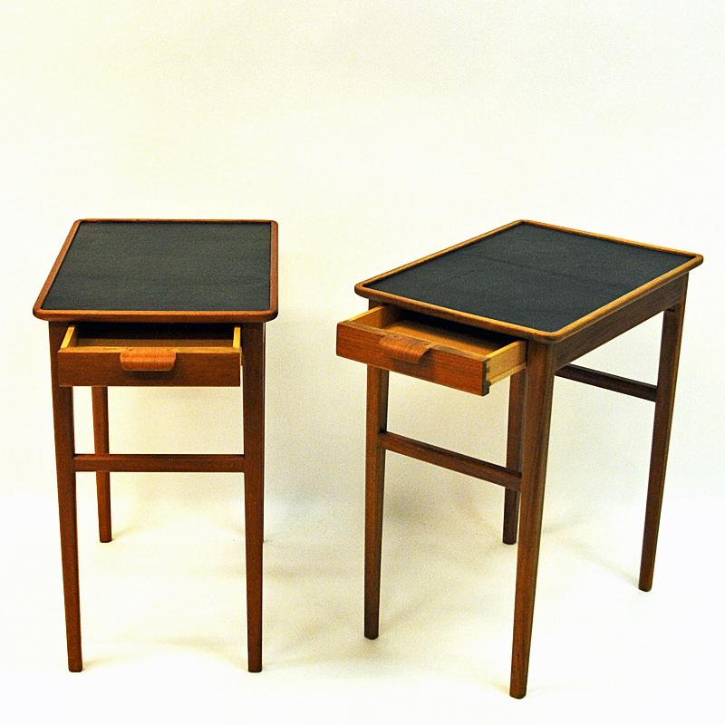 Beaded Pair of  Side Tables with Leather Tops by Bodafors, Sweden, 1950s