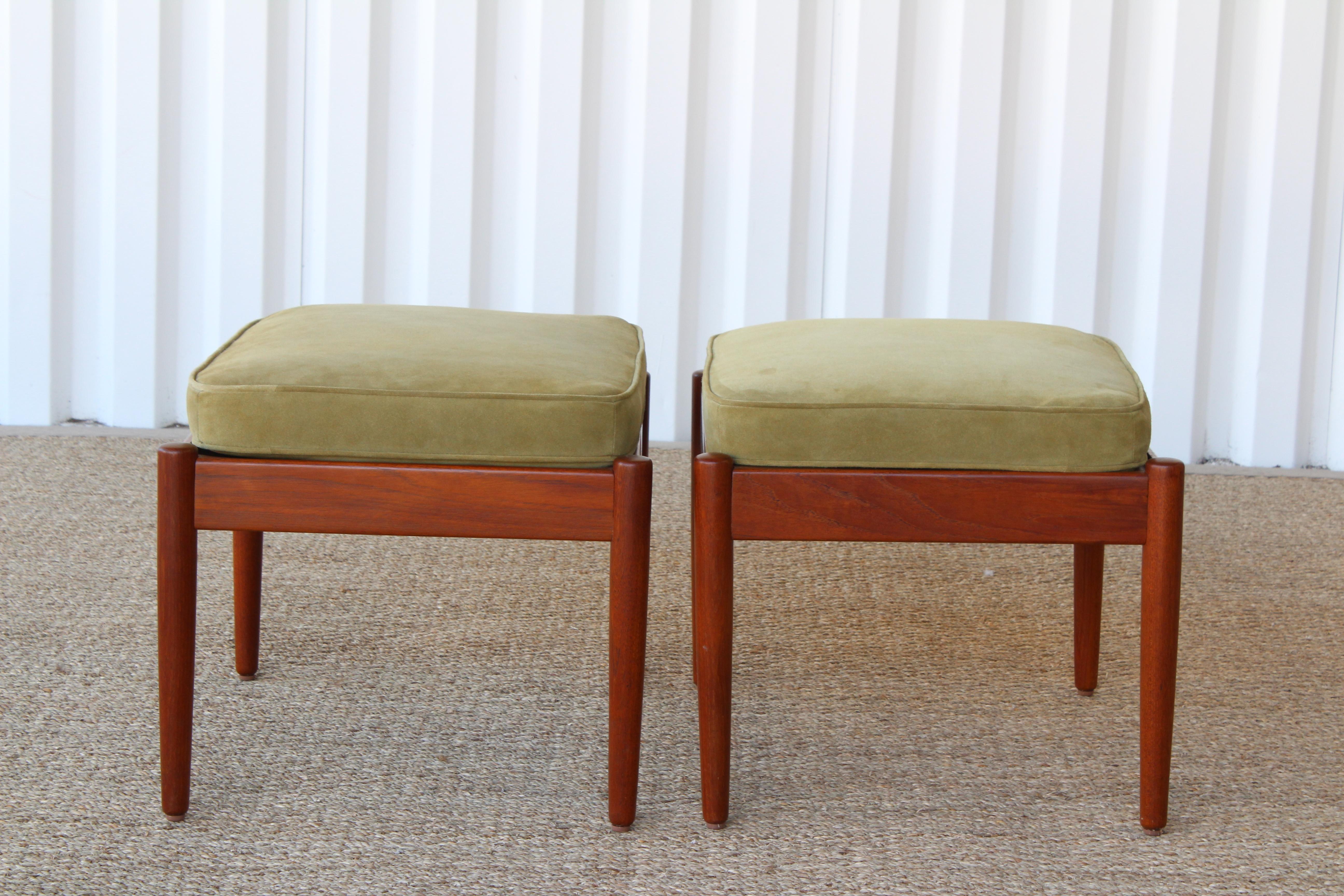 Mid-Century Modern Pair of Teak Stools with Suede Cushions, Denmark, 1960s