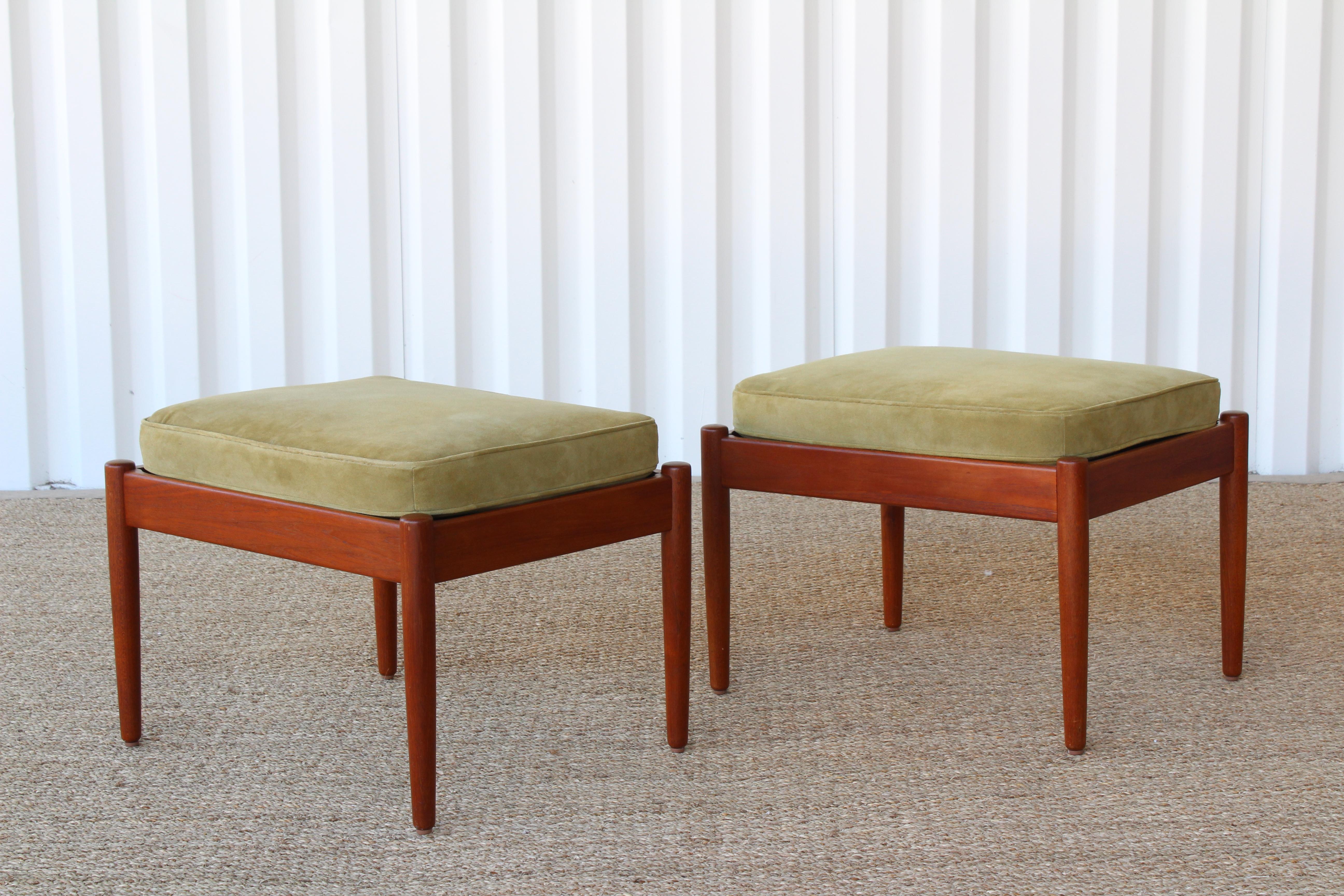 Danish Pair of Teak Stools with Suede Cushions, Denmark, 1960s