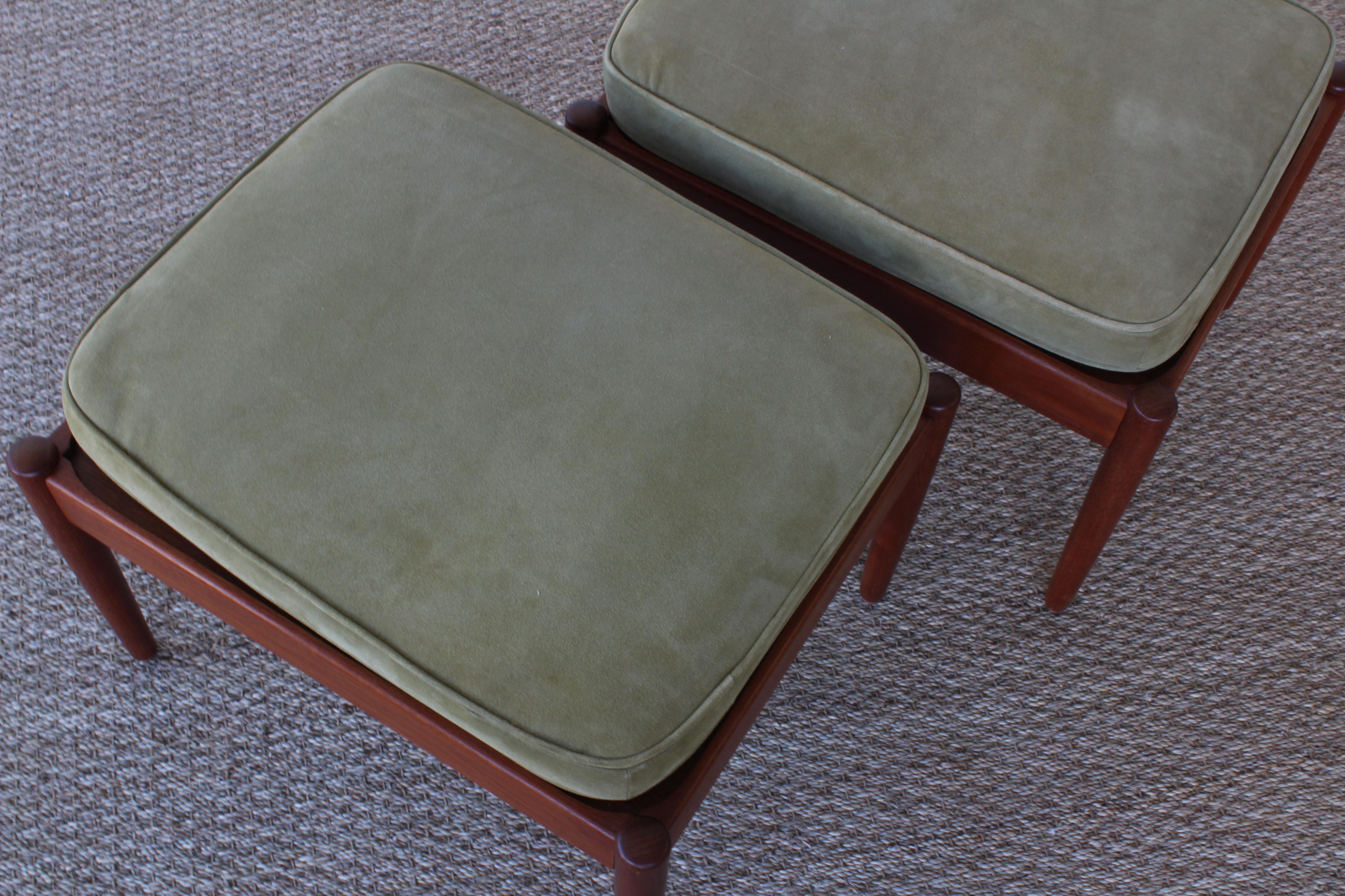 Mid-20th Century Pair of Teak Stools with Suede Cushions, Denmark, 1960s
