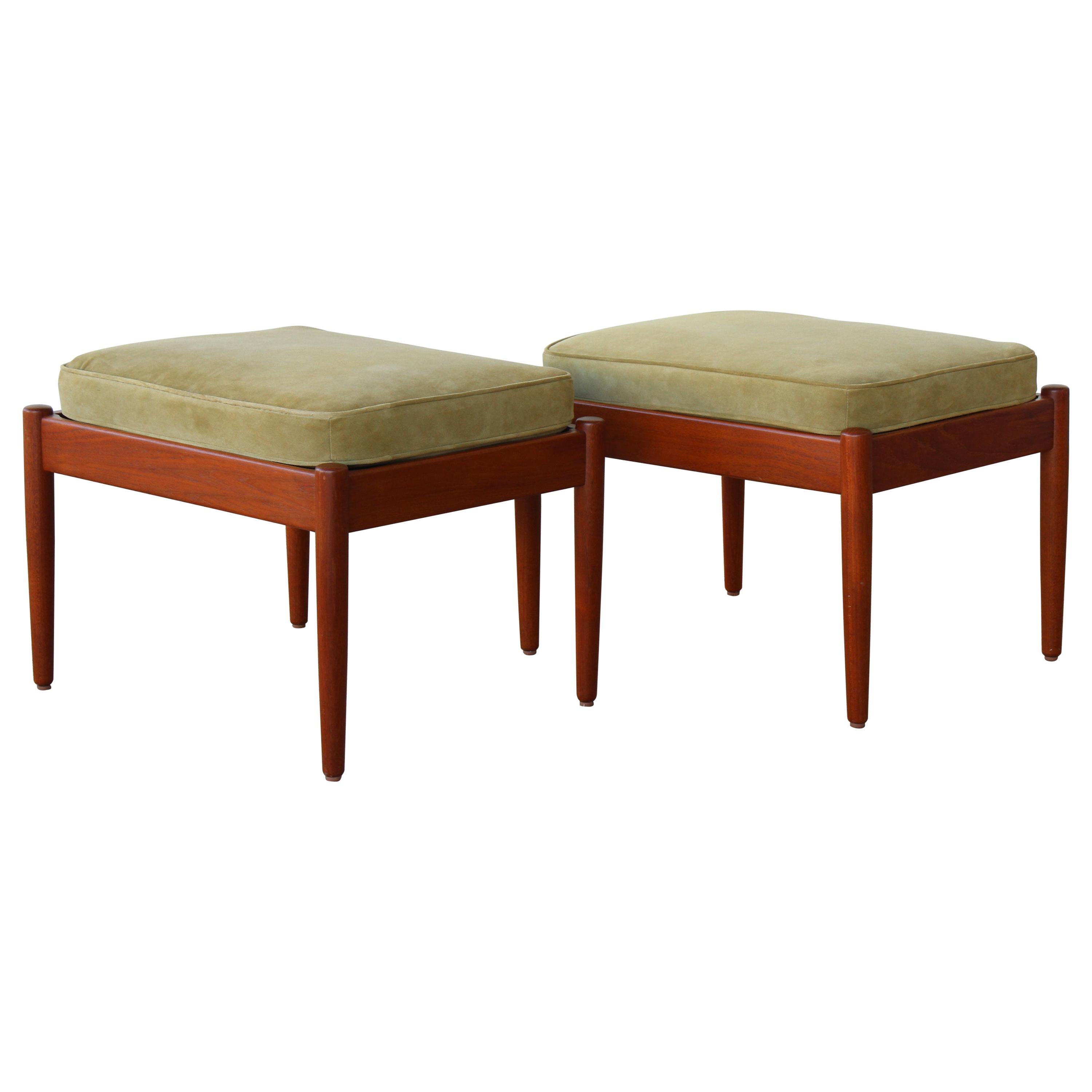 Pair of Teak Stools with Suede Cushions, Denmark, 1960s