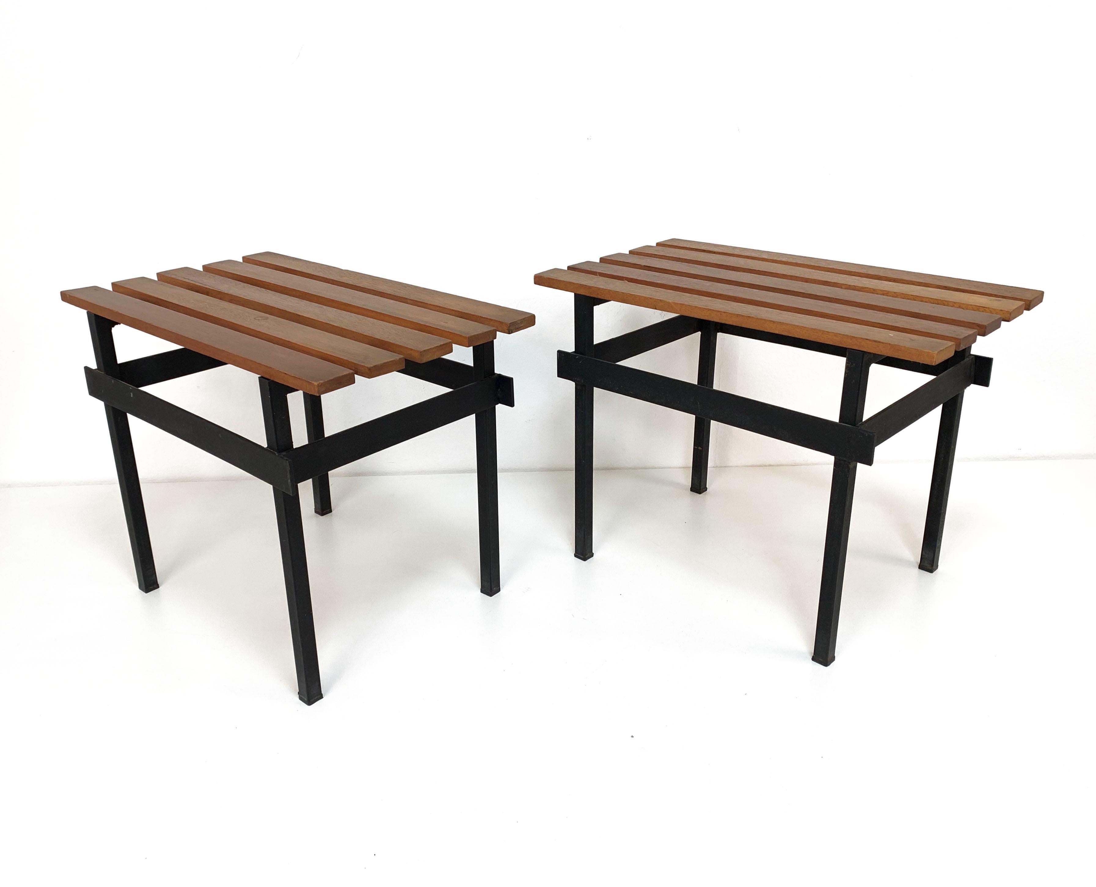 Pair of Teak Wood and Enamelled Metal Benches, Italy, 1960s 4