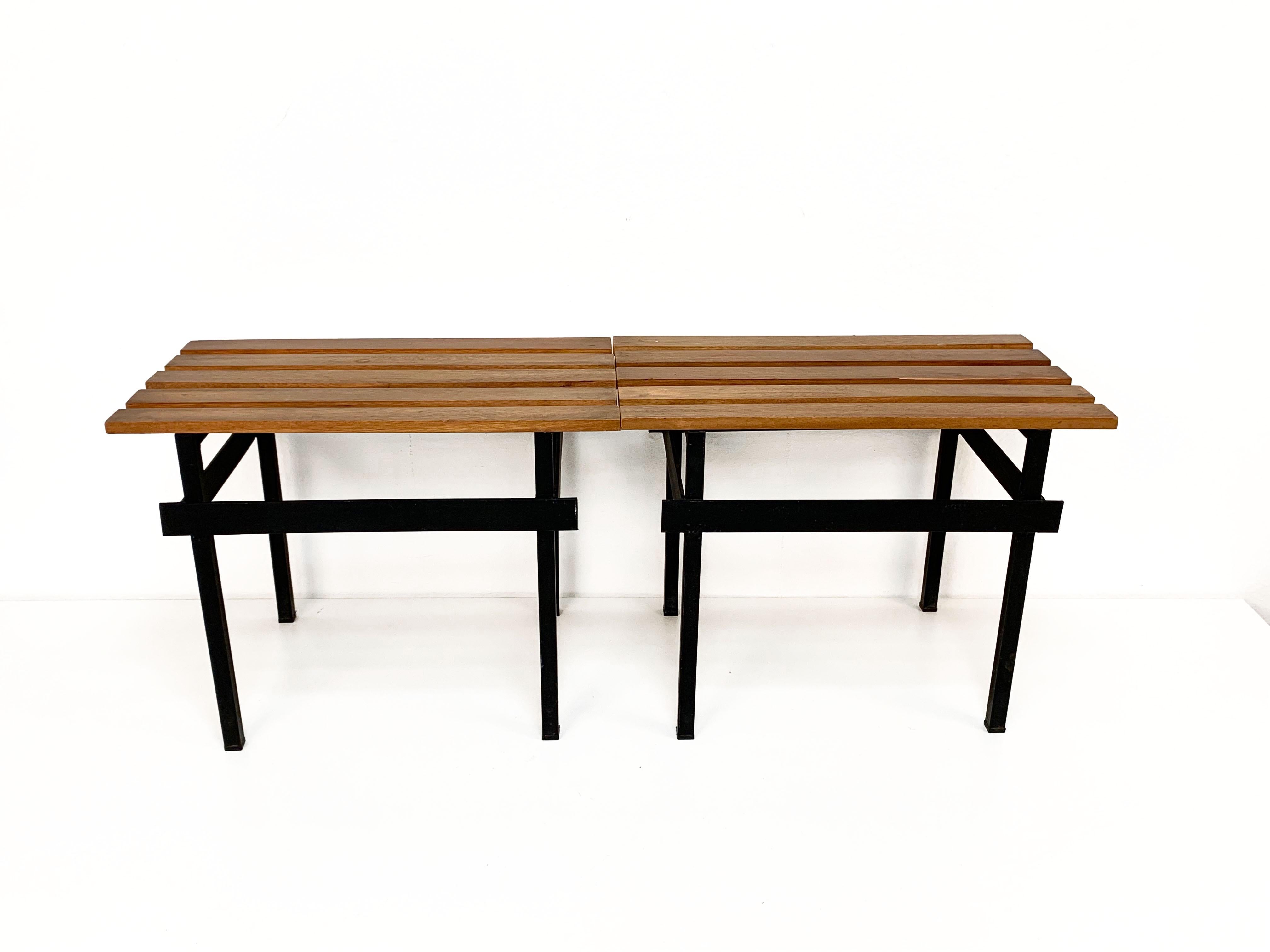 Pair of Teak Wood and Enamelled Metal Benches, Italy, 1960s 6