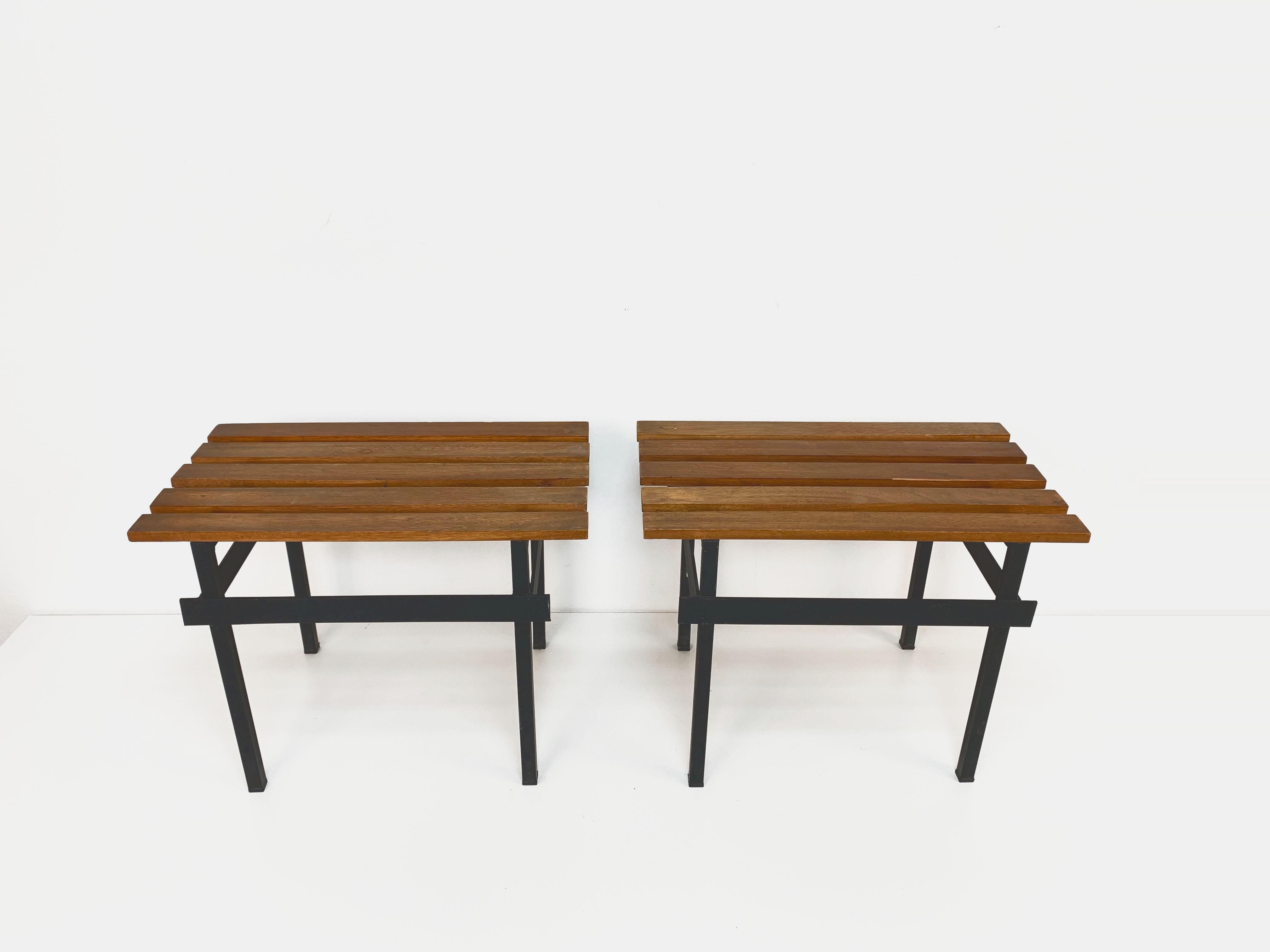 Pair of Teak Wood and Enamelled Metal Benches, Italy, 1960s 7