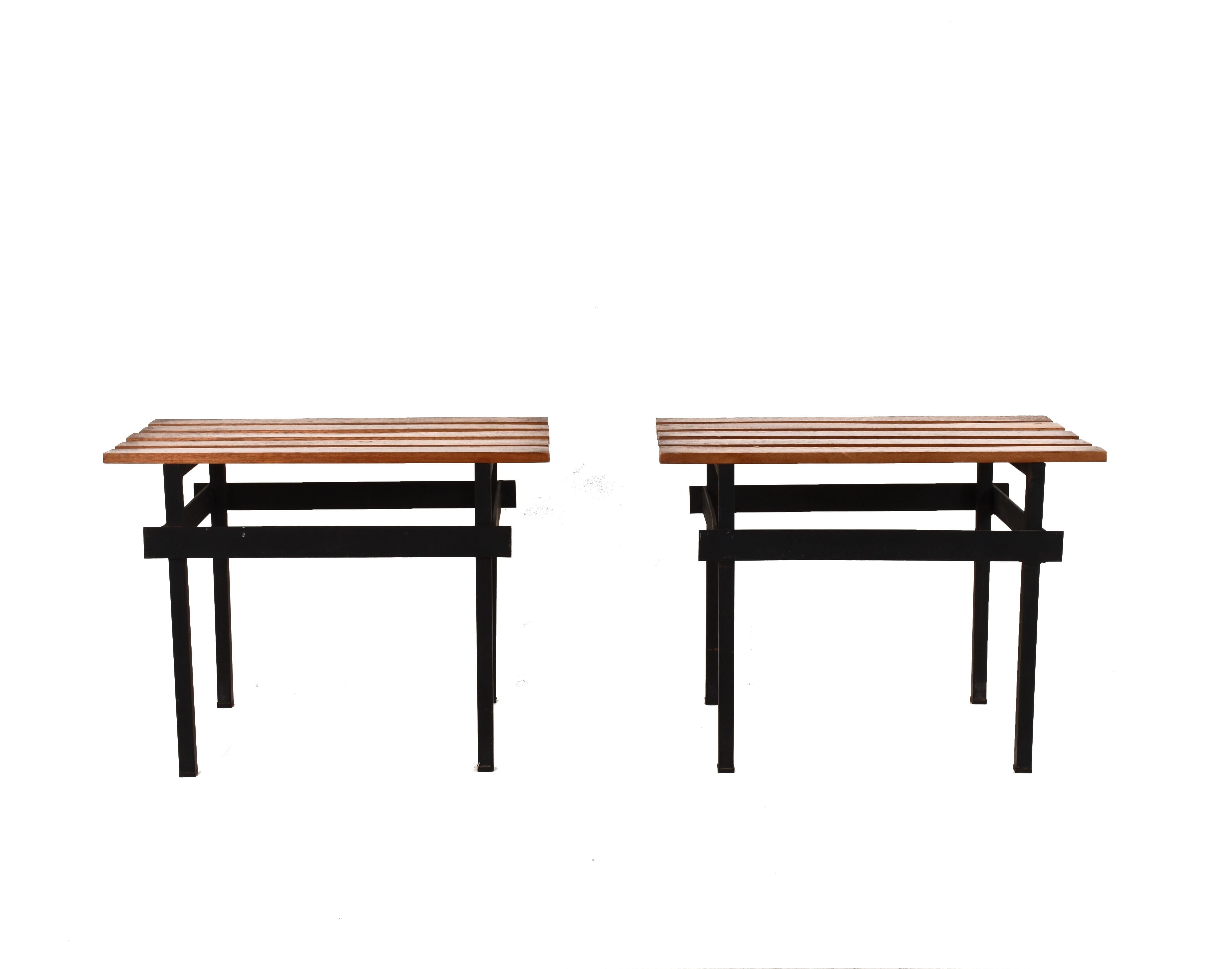 Italian Pair of Teak Wood and Enamelled Metal Benches, Italy, 1960s