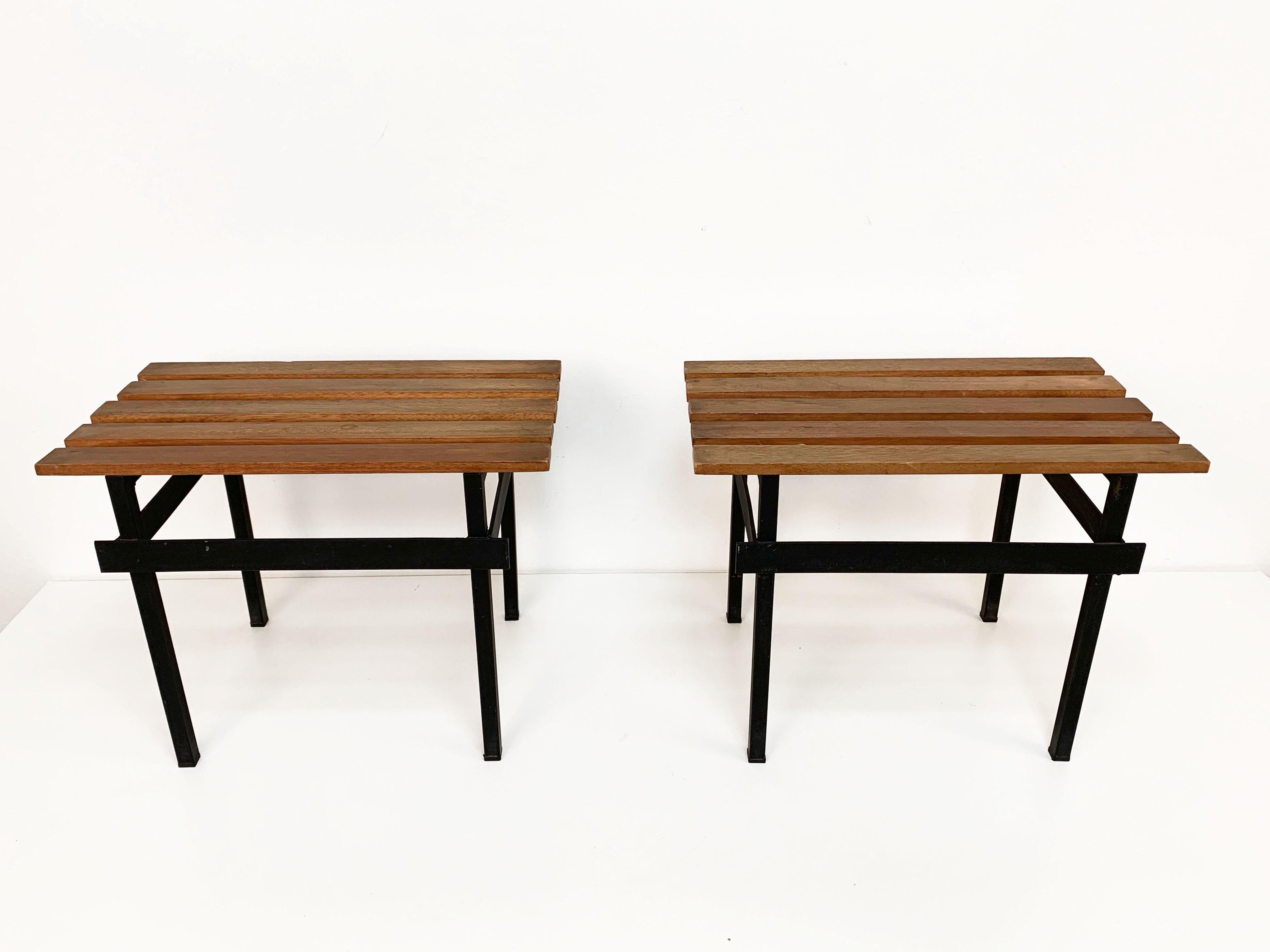 Pair of Teak Wood and Enamelled Metal Benches, Italy, 1960s 3