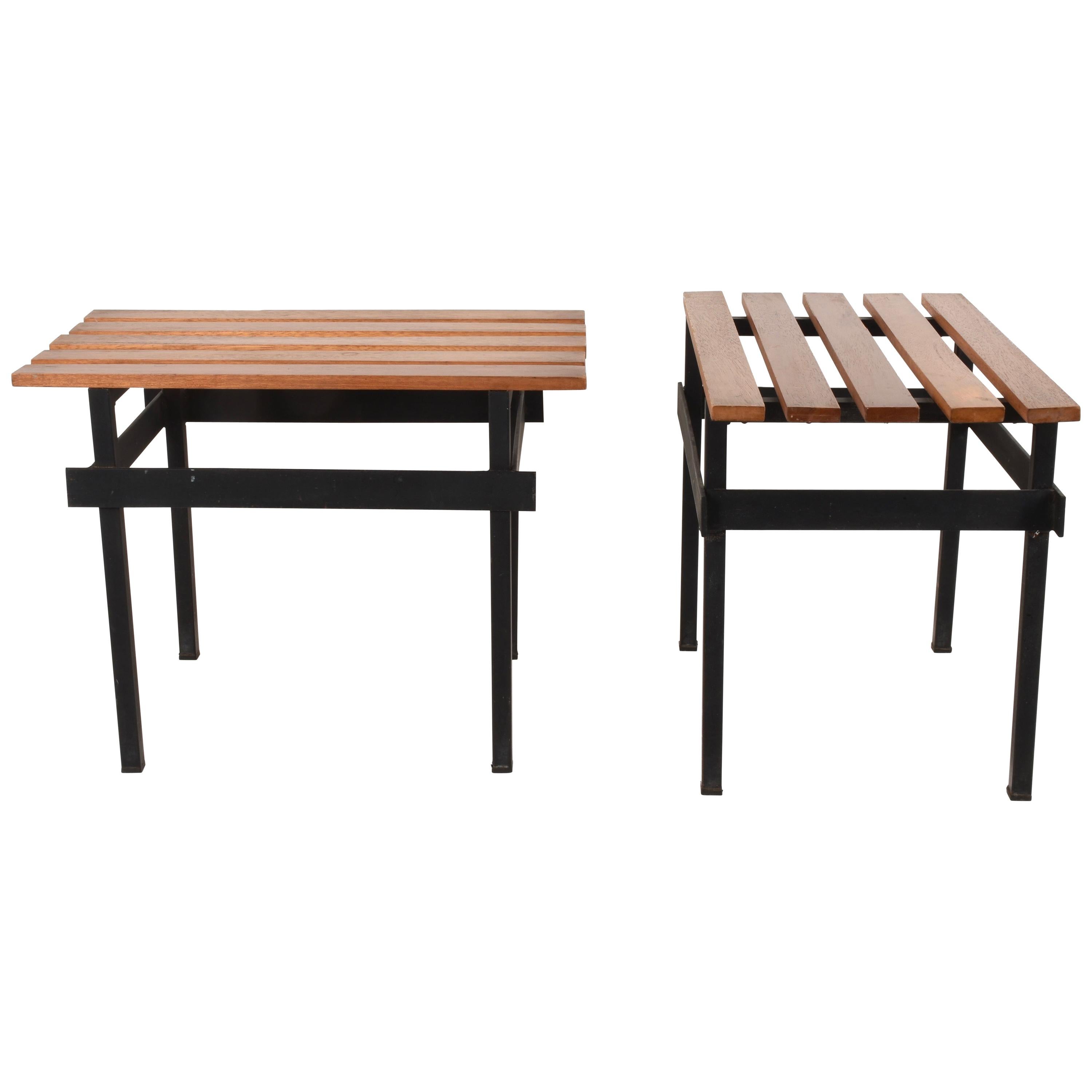 Pair of Teak Wood and Enamelled Metal Benches, Italy, 1960s