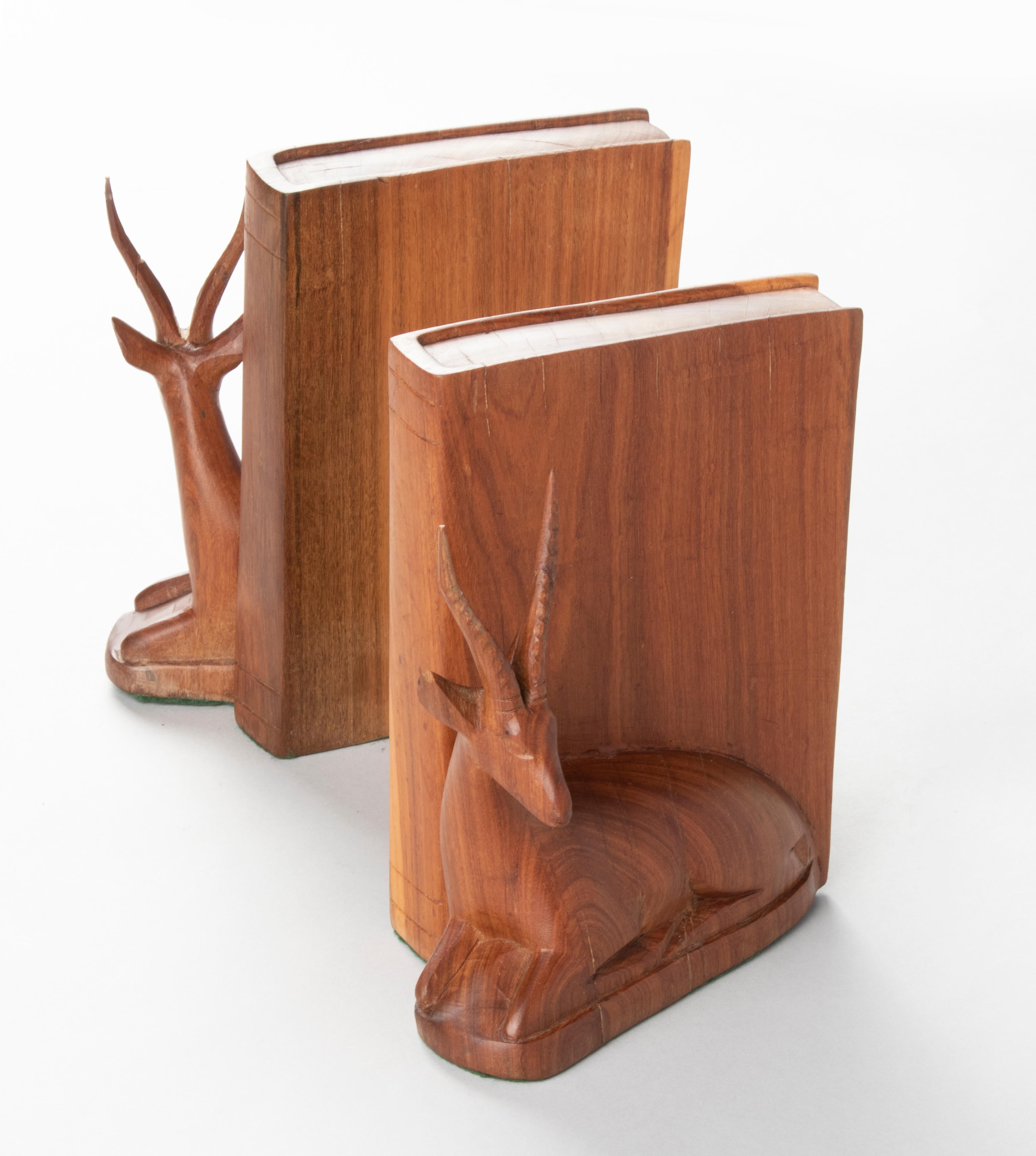 Pair of Teak Wood Carved Mid Century Bookends with Deers 7