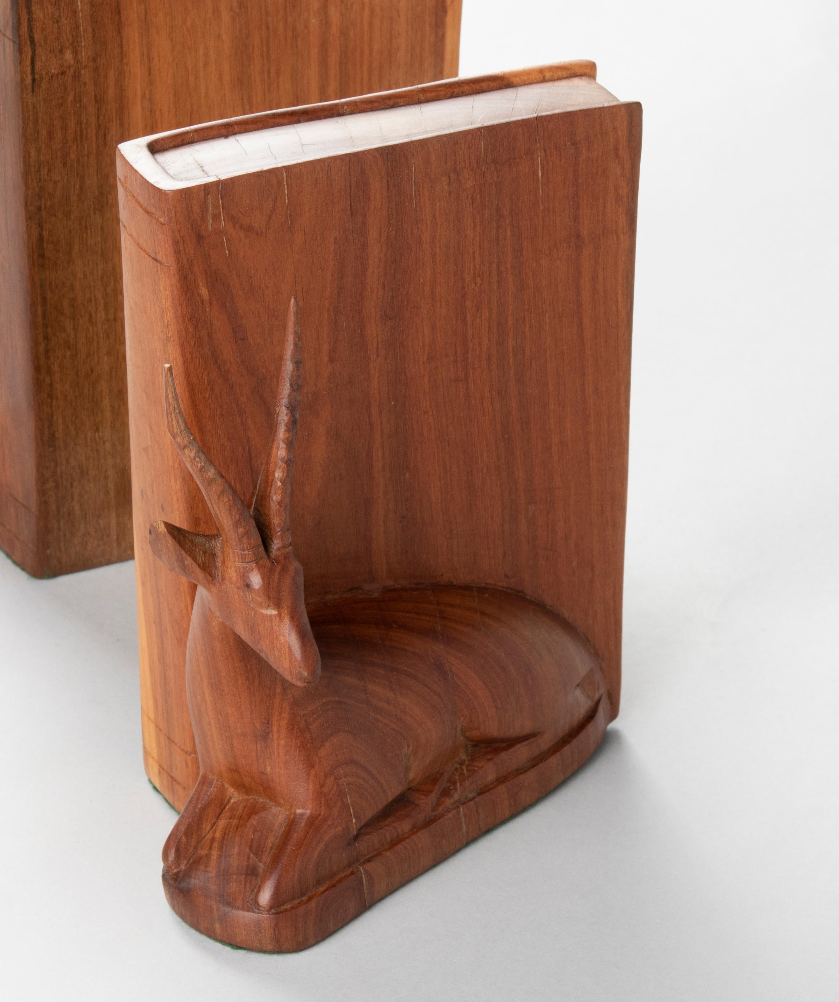 Pair of Teak Wood Carved Mid Century Bookends with Deers 10