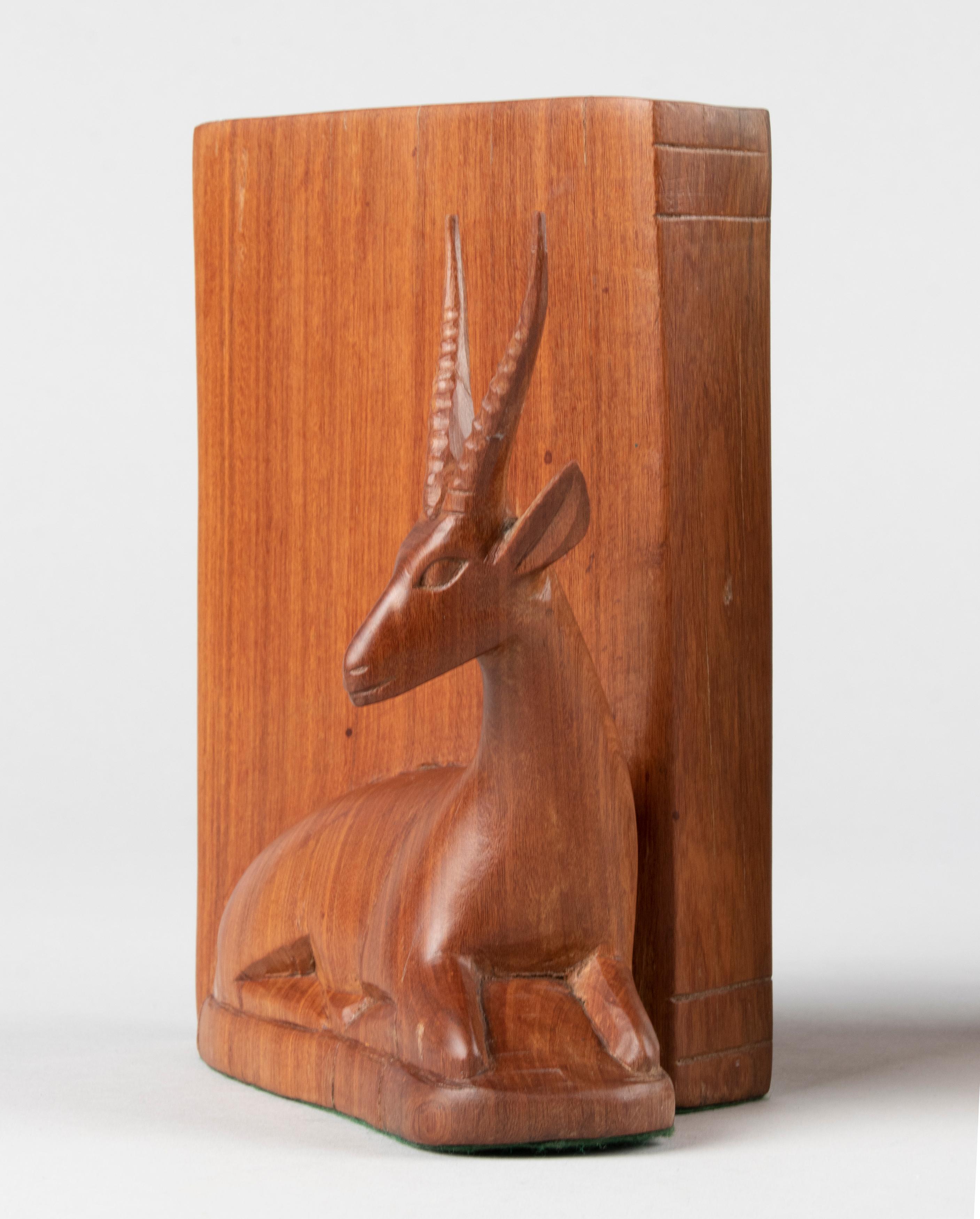 Swedish Pair of Teak Wood Carved Mid Century Bookends with Deers