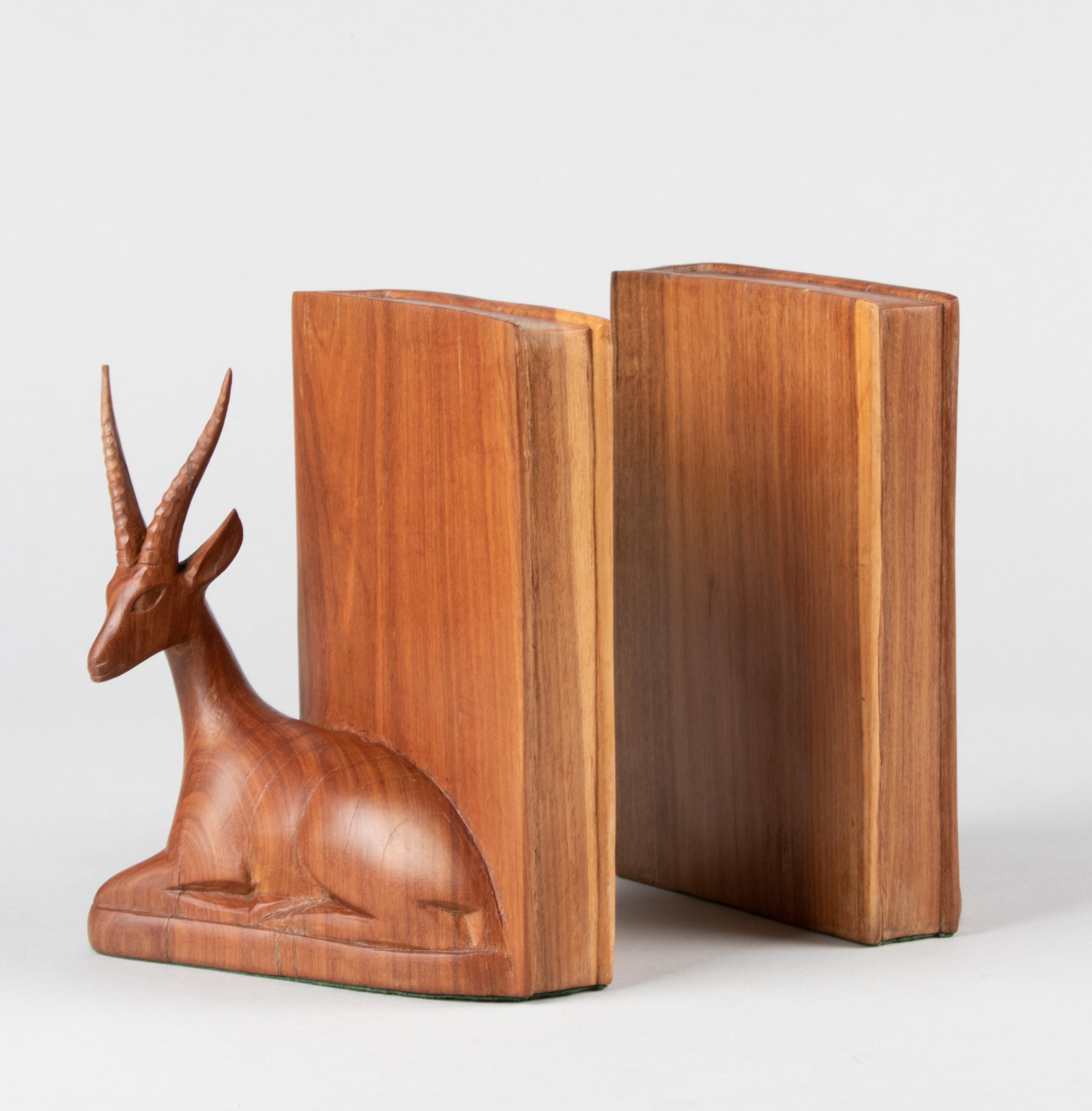 Hand-Carved Pair of Teak Wood Carved Mid Century Bookends with Deers