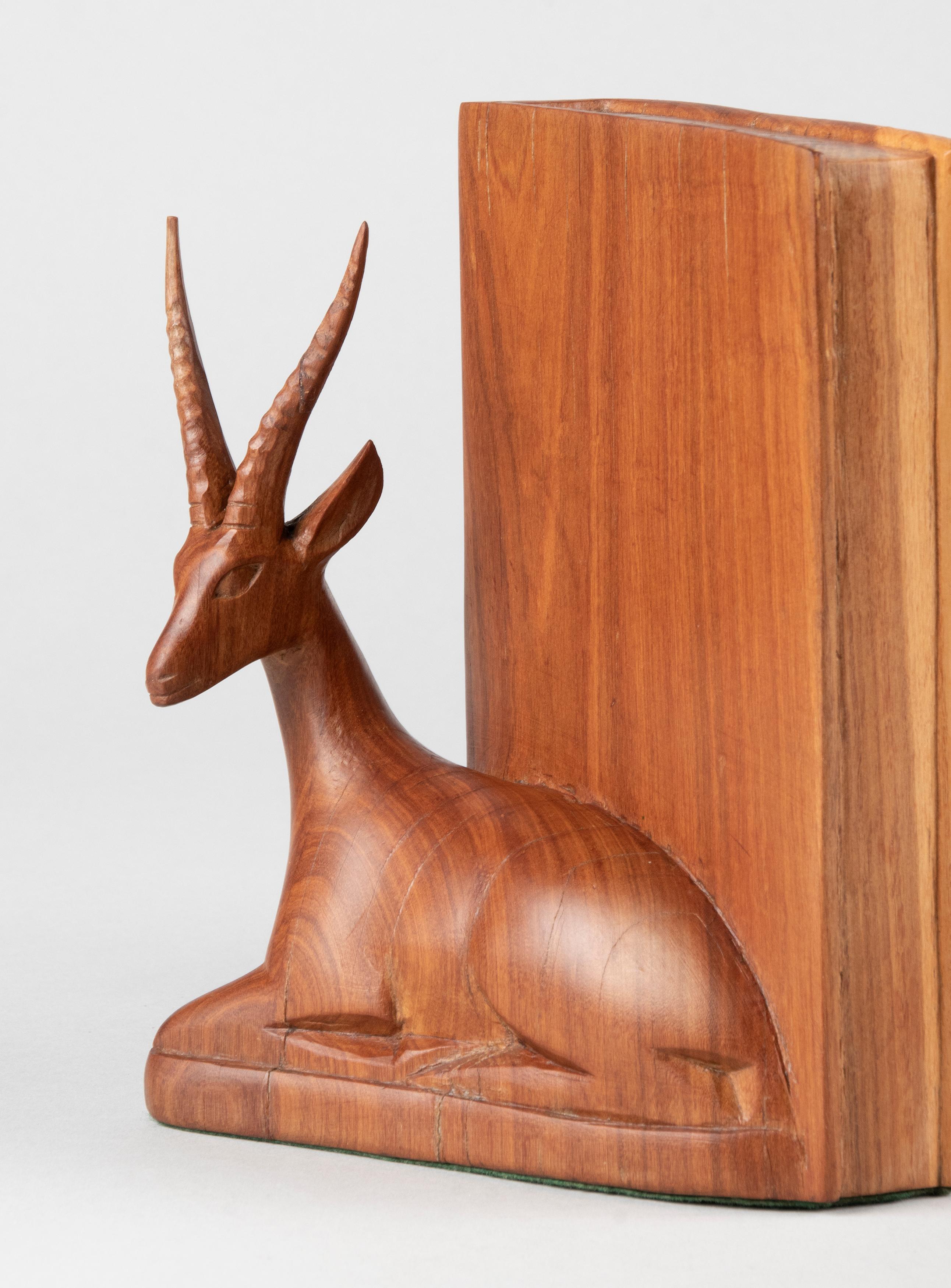 Mid-20th Century Pair of Teak Wood Carved Mid Century Bookends with Deers