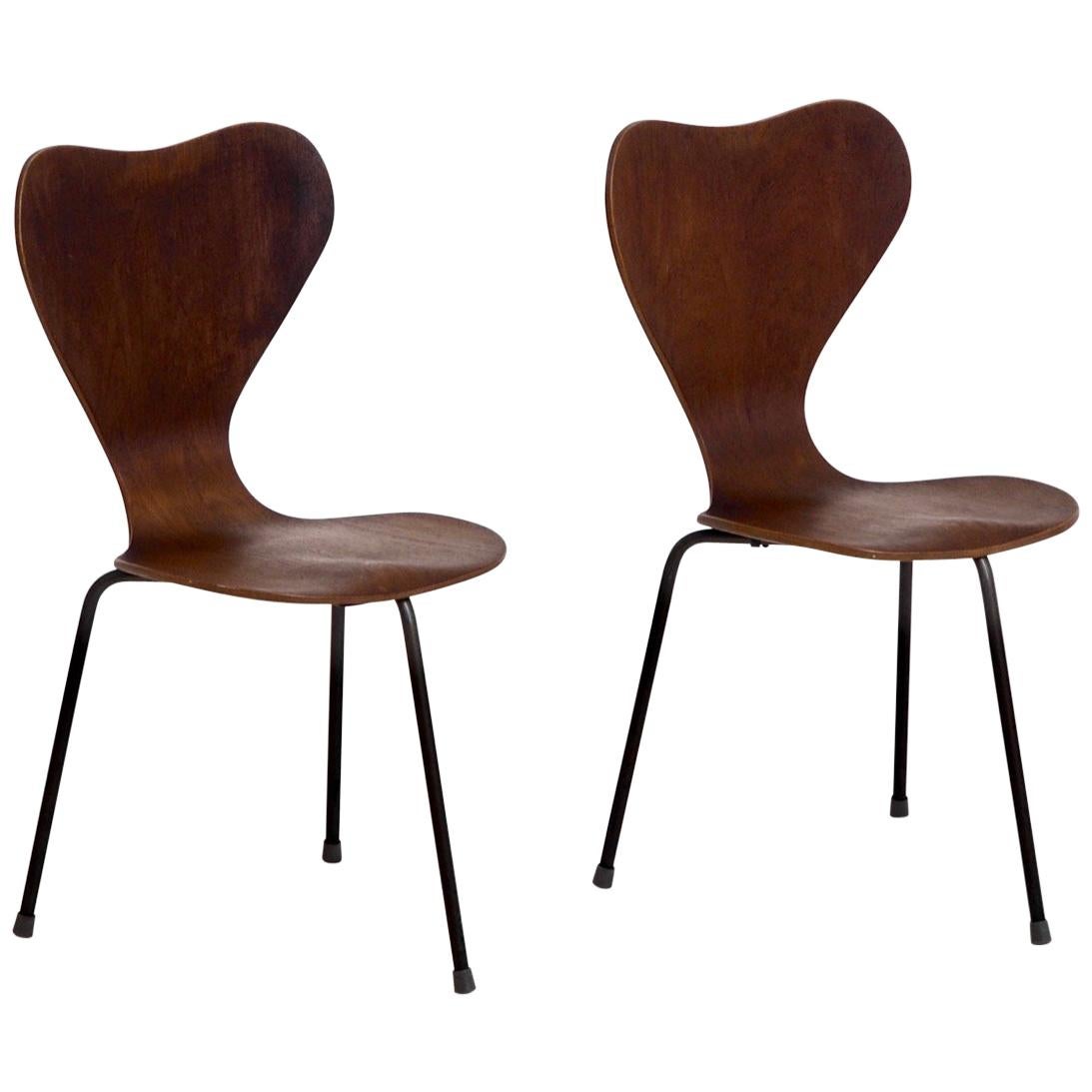 Pair of Teak Wood Chairs with Three Iron Legs, Danish Architect, 1960s