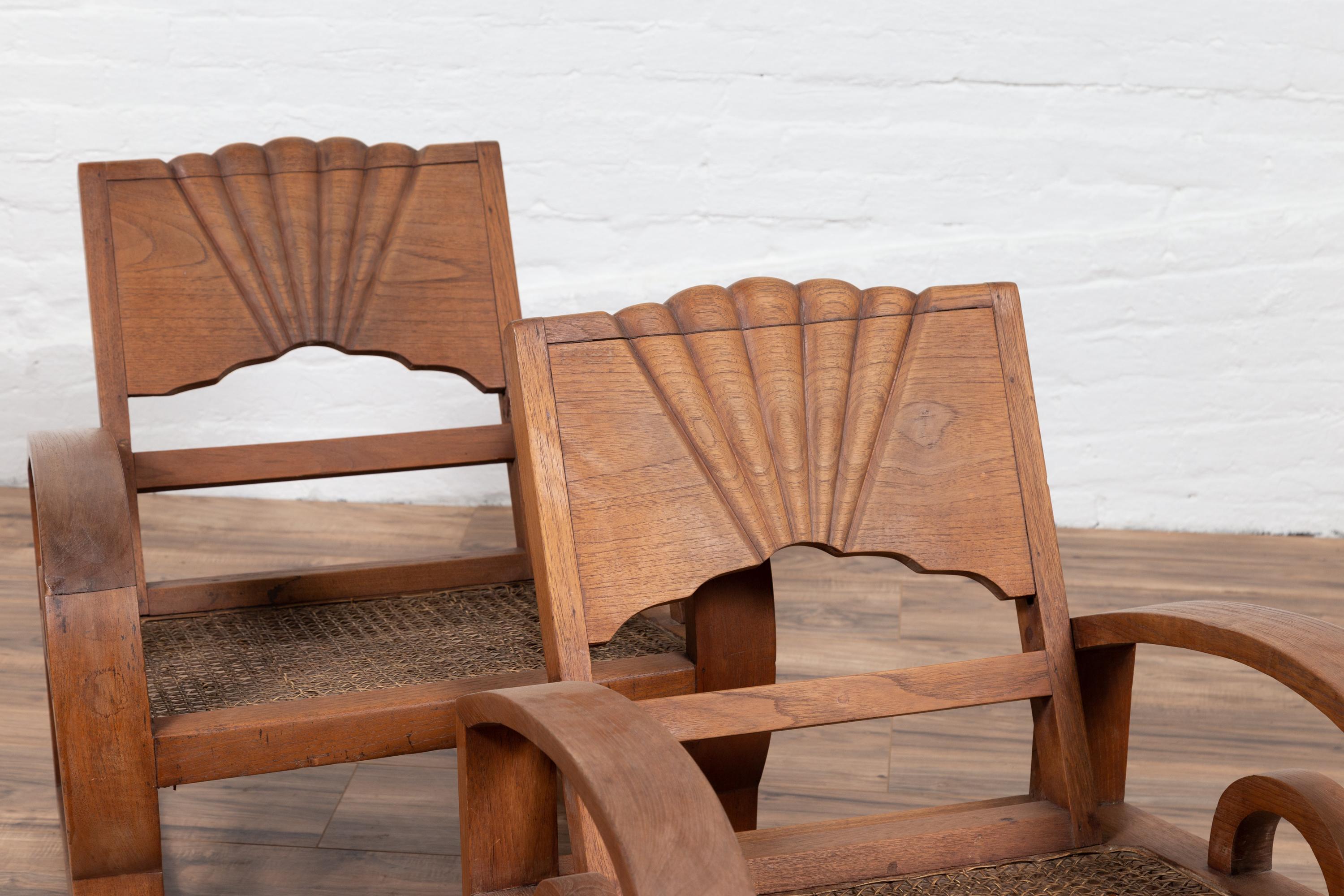 Pair of Teak Wood Country Chairs from Madura with Rattan Seats and Looping Arms 6