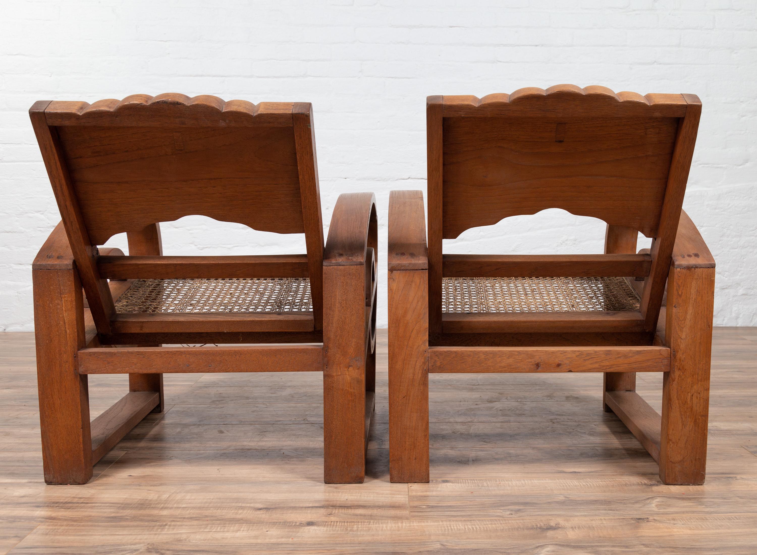Pair of Teak Wood Country Chairs from Madura with Rattan Seats and Looping Arms 8