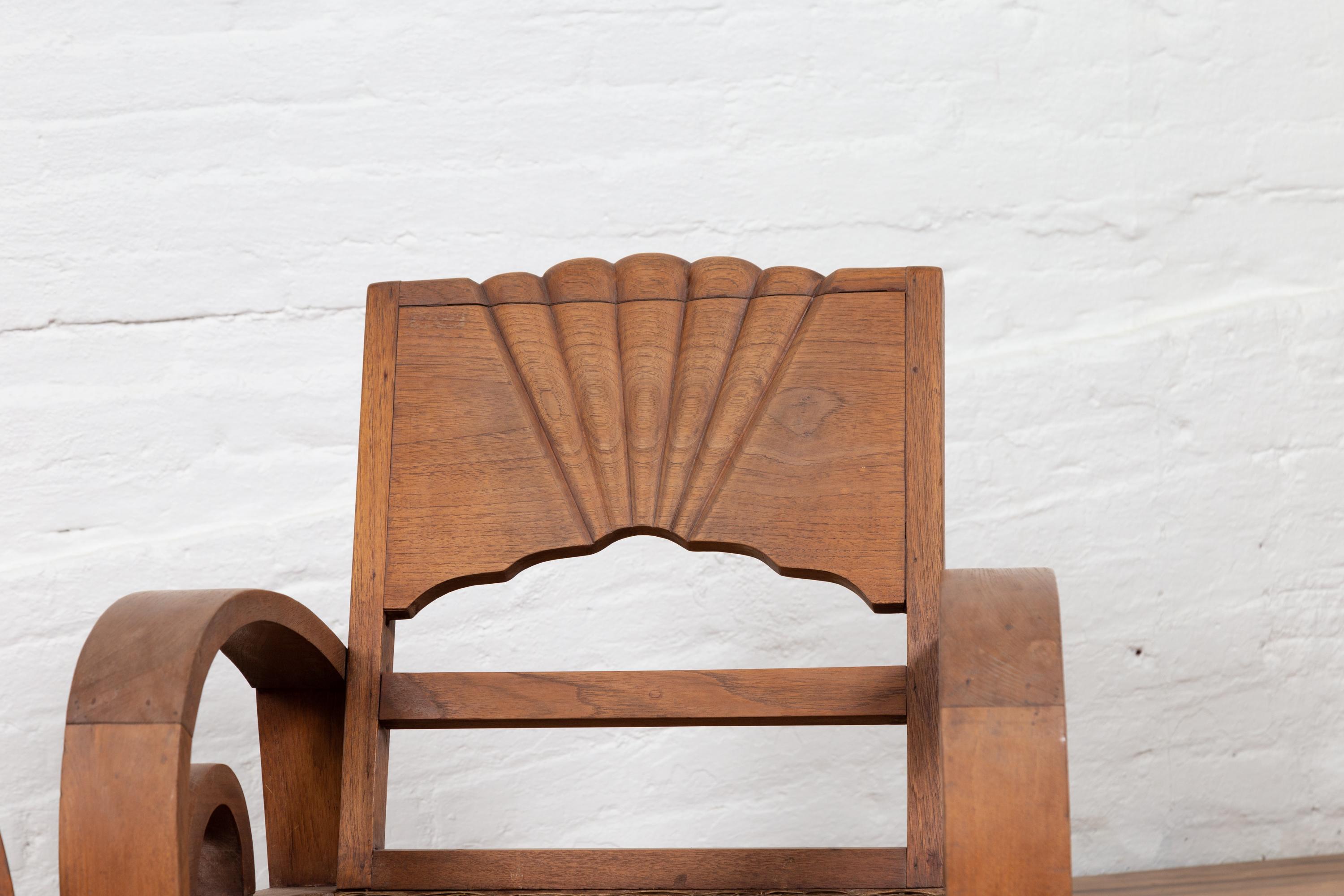 20th Century Pair of Teak Wood Country Chairs from Madura with Rattan Seats and Looping Arms