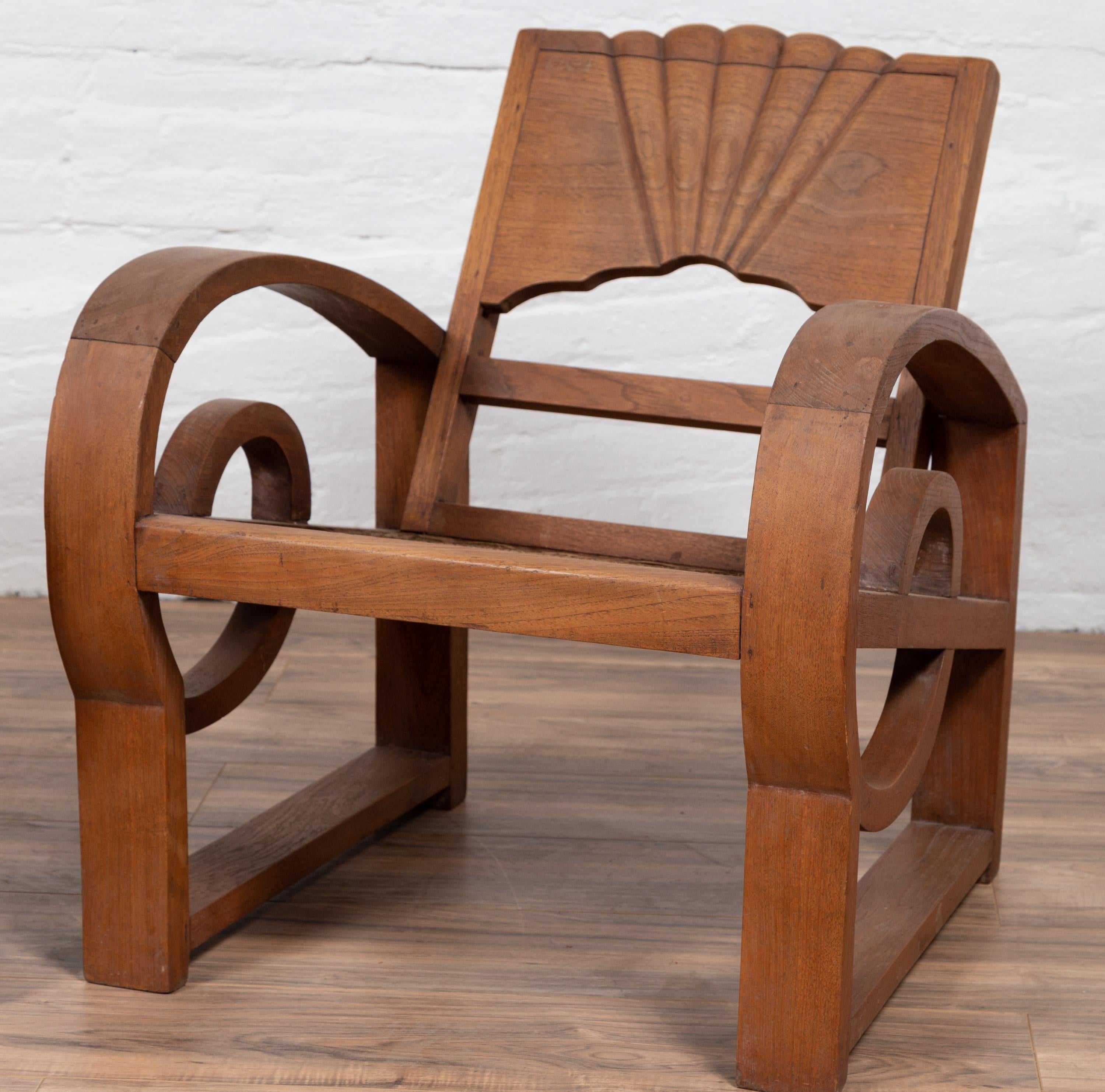 Pair of Teak Wood Country Chairs from Madura with Rattan Seats and Looping Arms 1