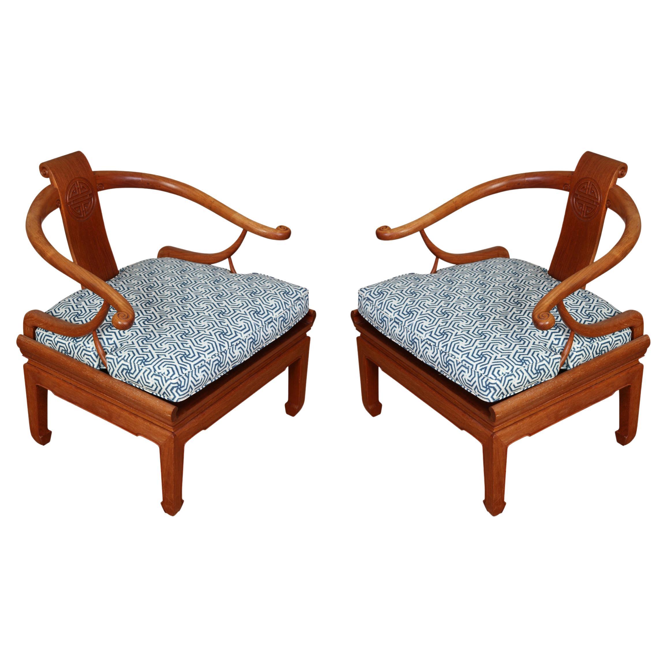 Pair of Teakwood Asian Vintage Horseshoe Armchairs For Sale