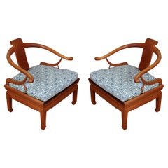 Pair of Teakwood Asian Vintage Horseshoe Armchairs