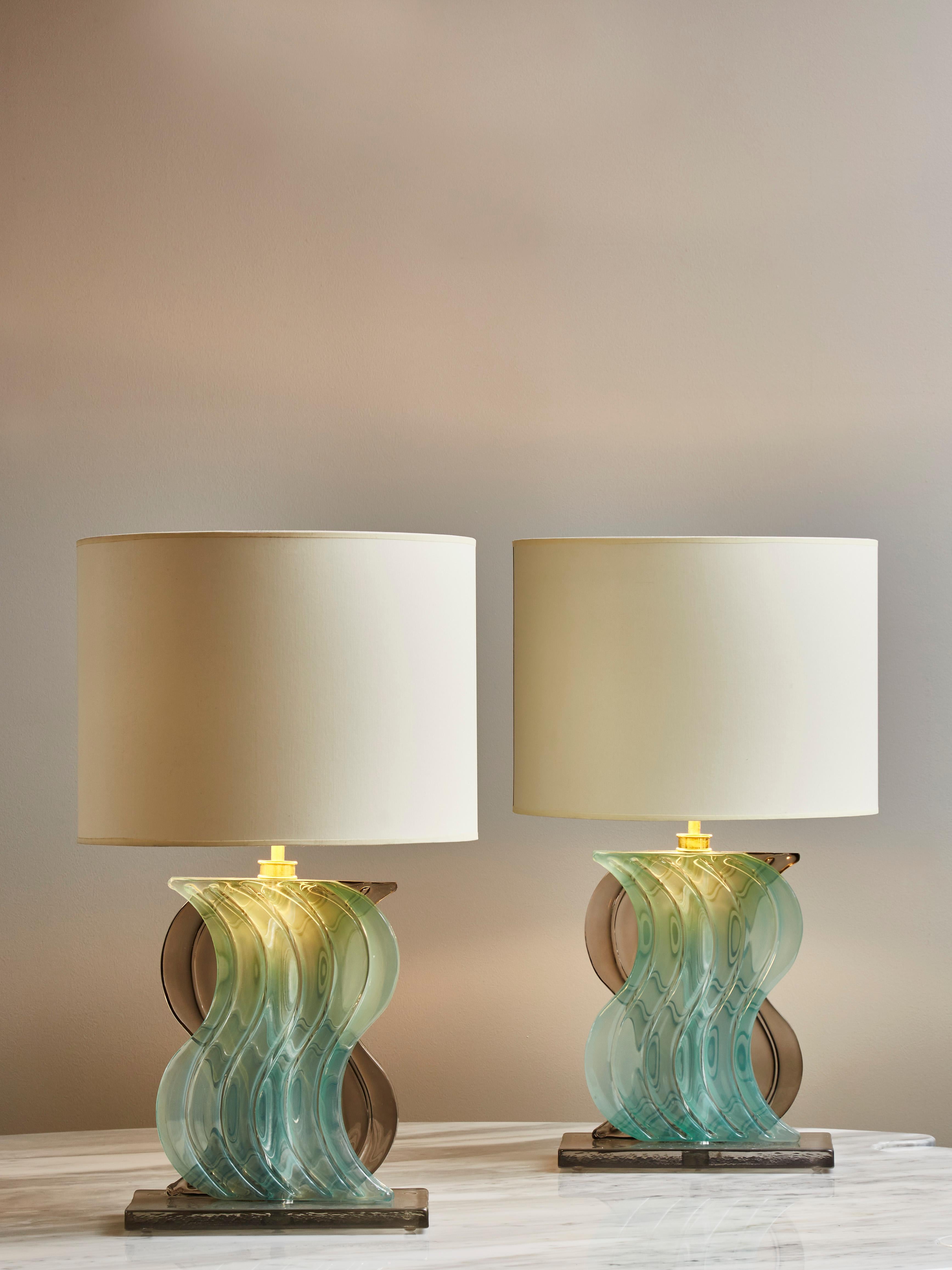 Modern Pair of Teal and Grey Murano Glass Table Lamps