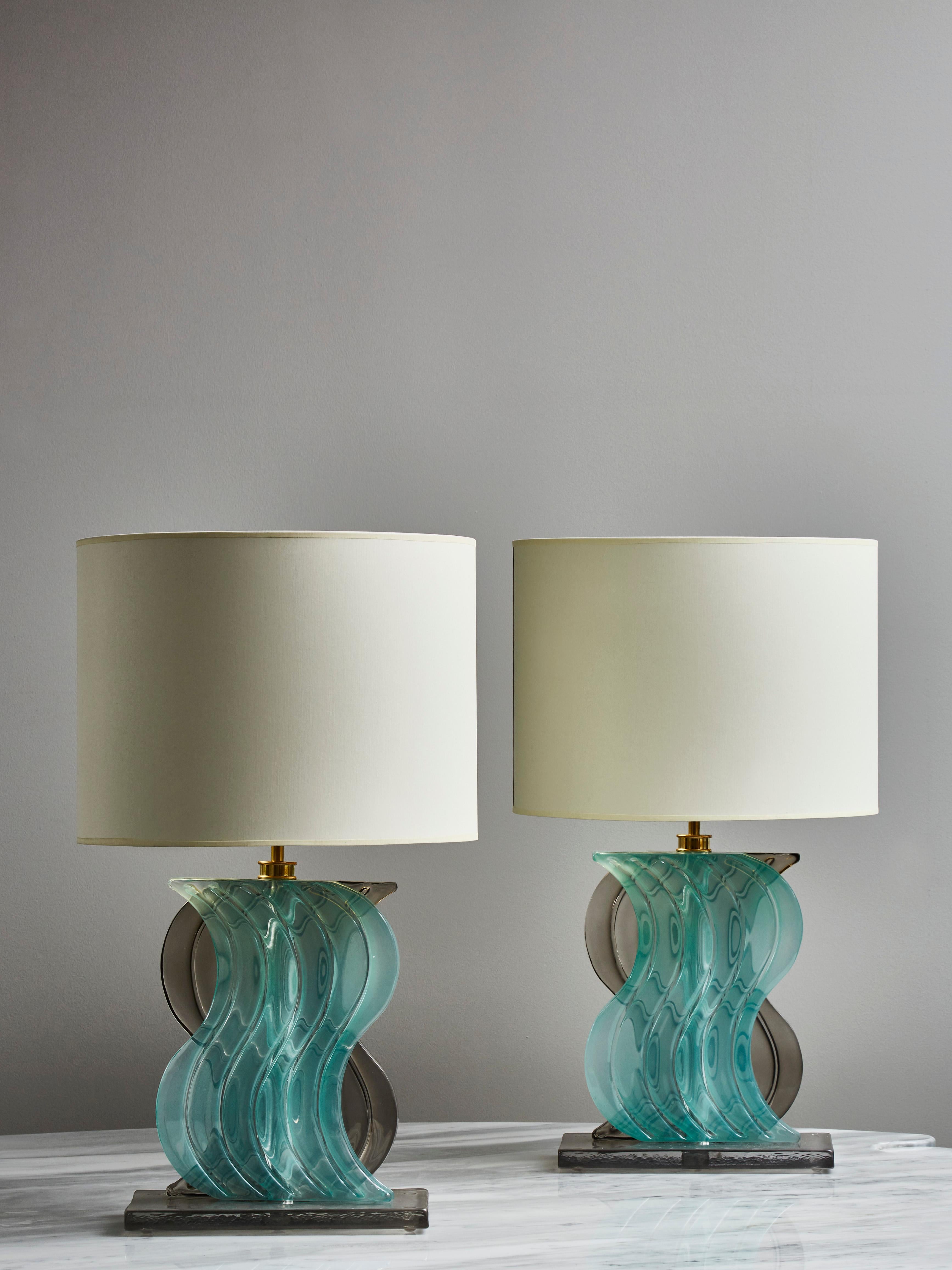 Italian Pair of Teal and Grey Murano Glass Table Lamps