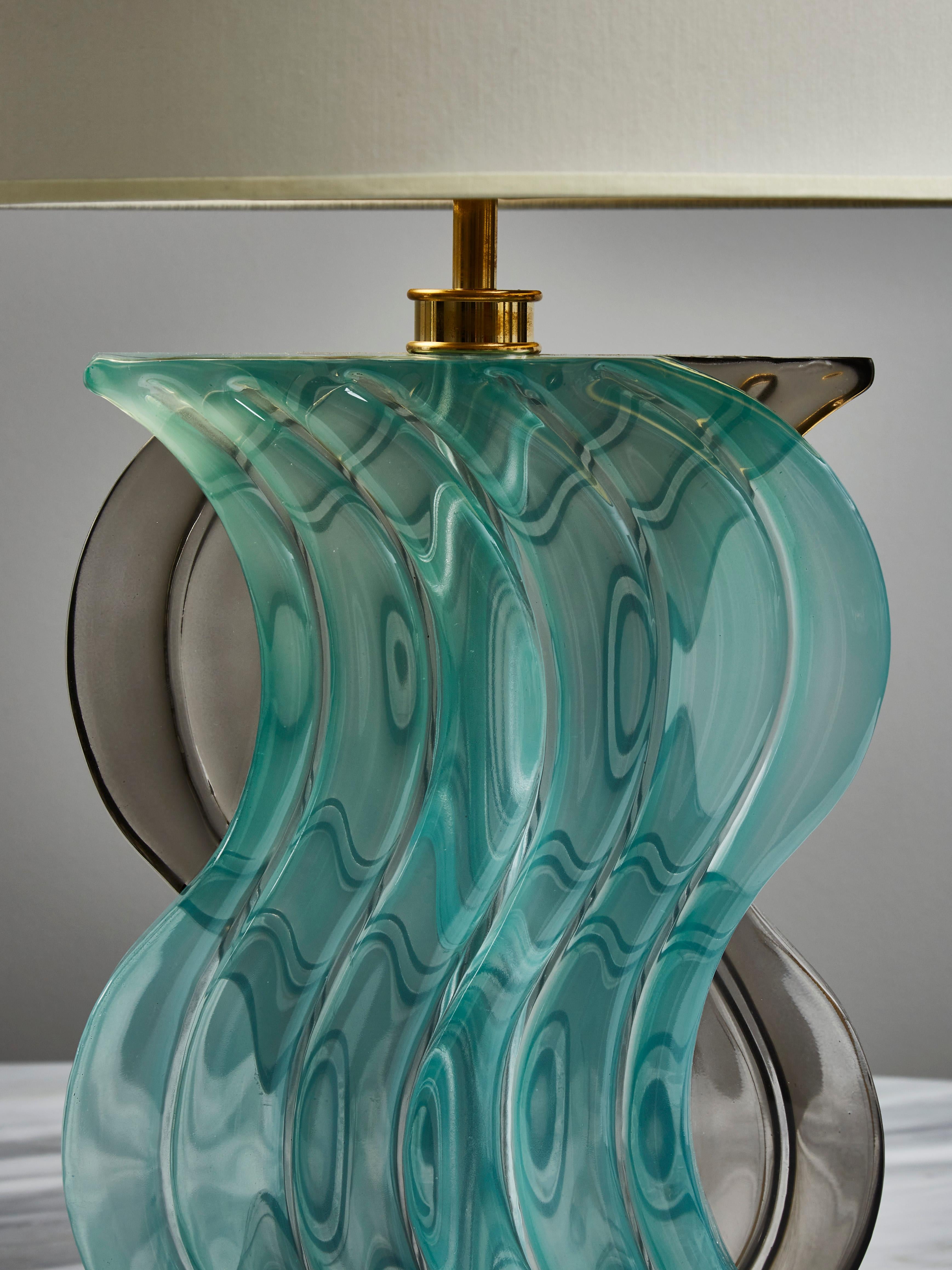 Brass Pair of Teal and Grey Murano Glass Table Lamps