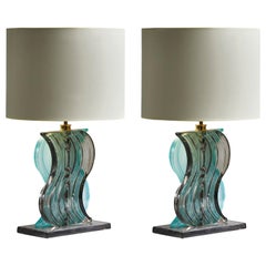 Pair of Teal and Grey Murano Glass Table Lamps