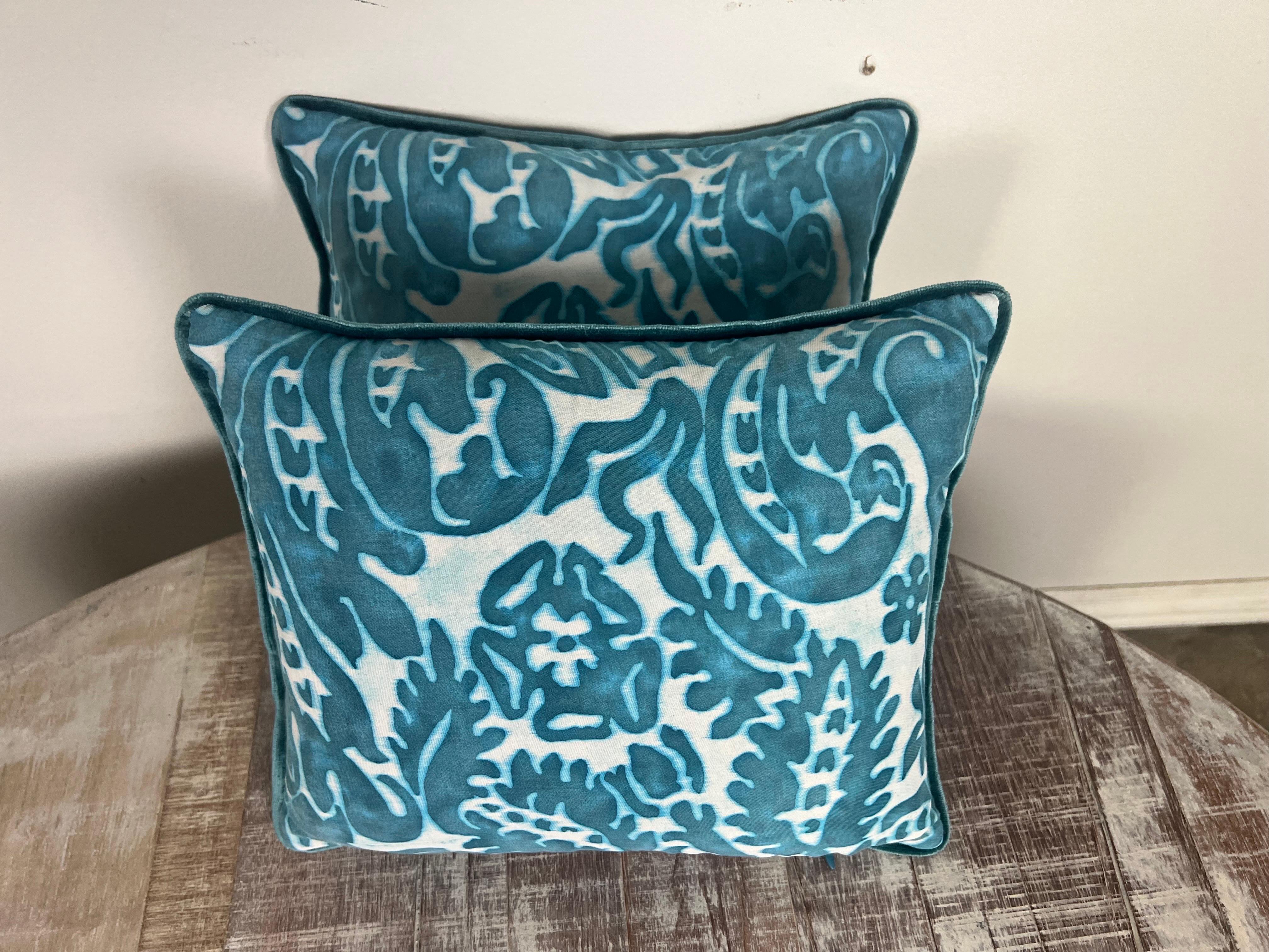 Baroque Pair of Teal and White Colored Fortuny Style Pillows