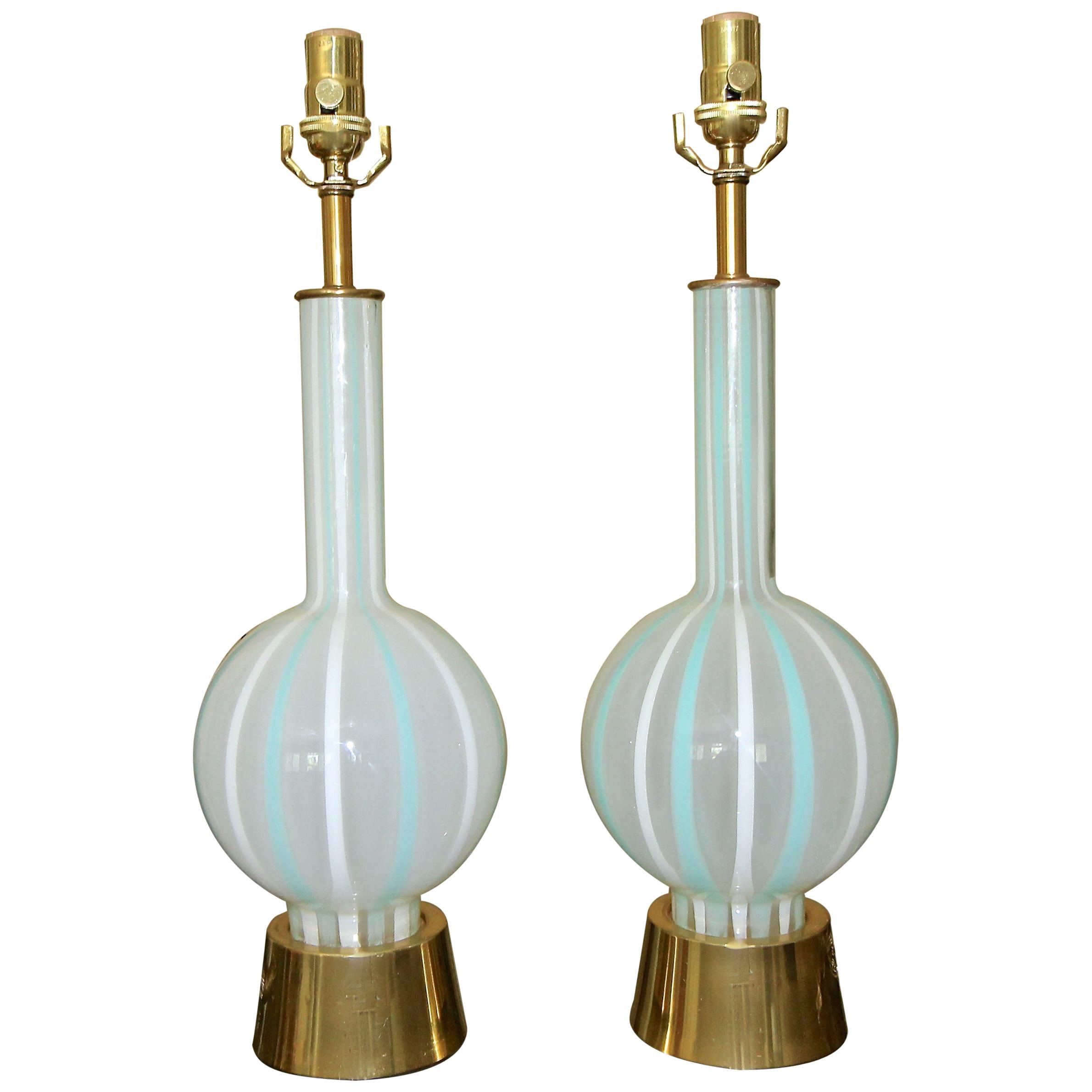 Pair of Teal and White Striped Glass Table Lamps