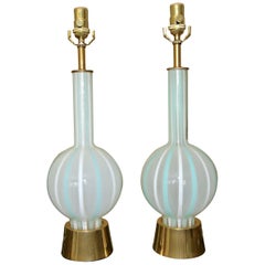 Pair of Teal and White Striped Glass Table Lamps