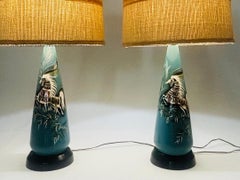 Pair of Teal Ceramic Table Lamps by Sascha Brastoff, Horse Theme, Signed