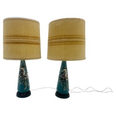 Pair of Teal Ceramic Table Lamps by Sascha Brastoff, Horse Theme, Signed
