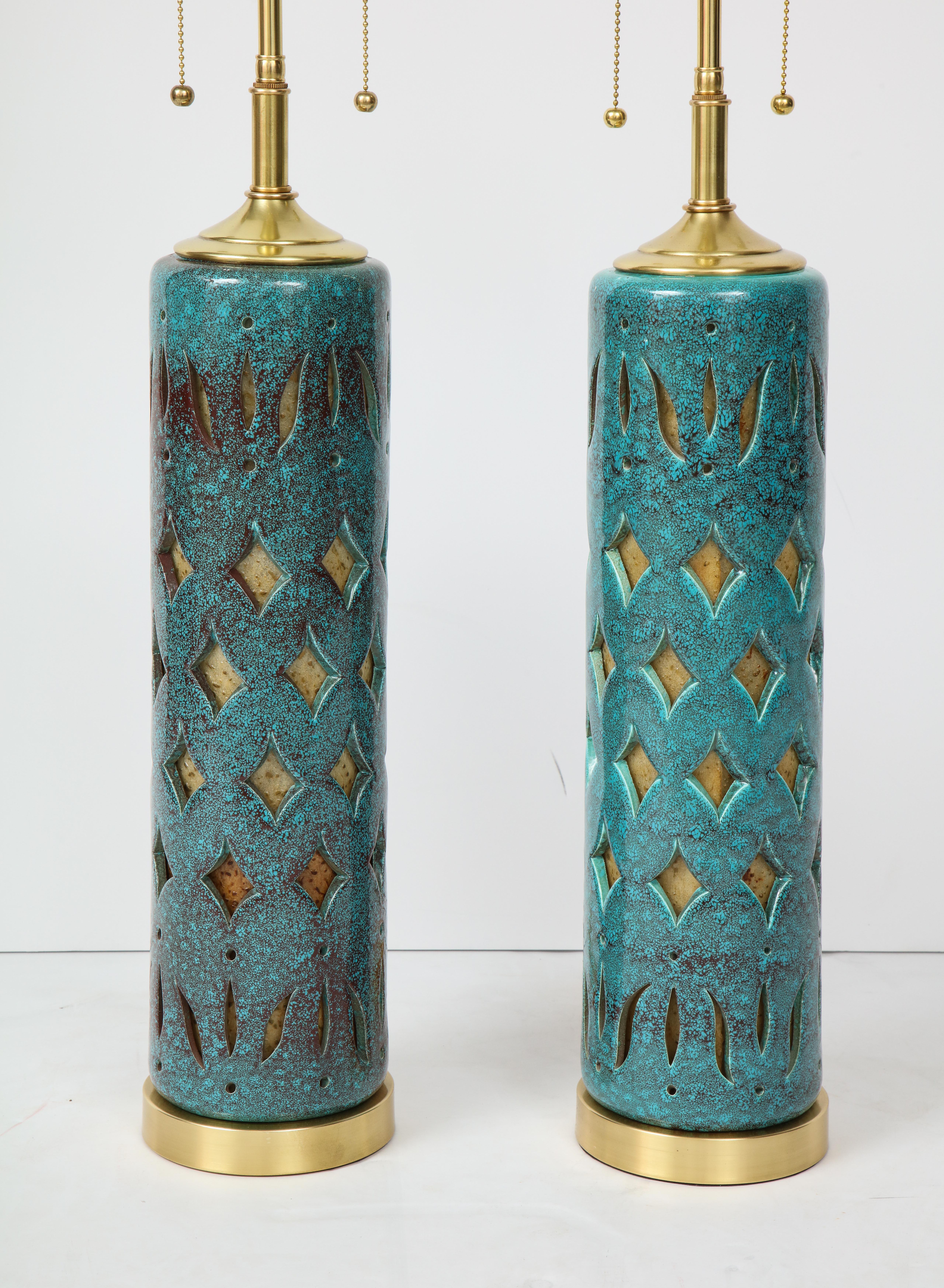 Mid-Century Modern Pair of Teal Glazed Italian Ceramic Lamps